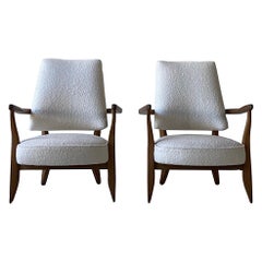 Pair of Guillerme et Chambron Lounge Chairs in Solid Oak