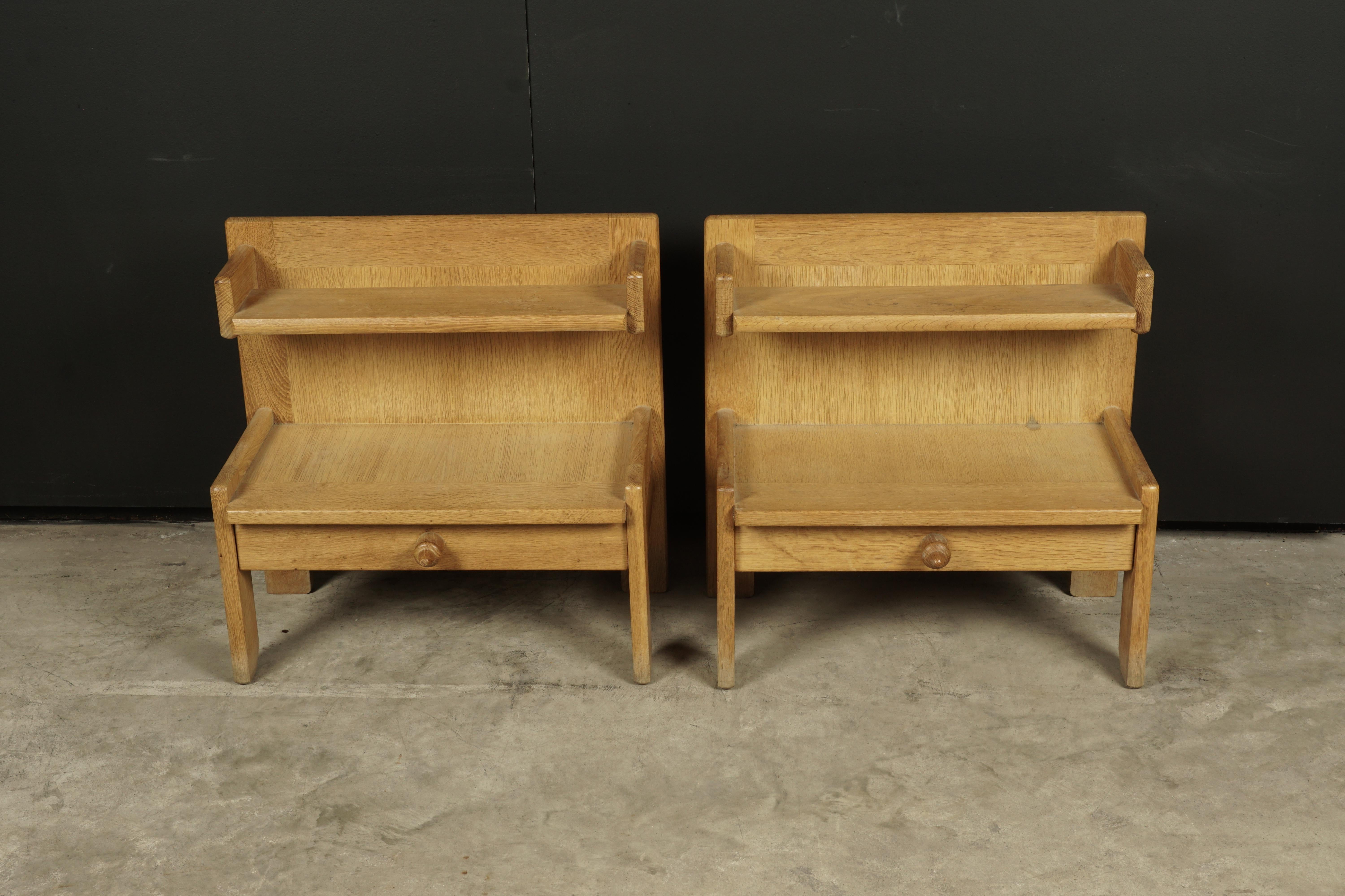 Vintage pair of Guillerme et Chambron, nightstands in oak, France, 1960s. Solid oak construction with one-drawer. Light wear and patina.