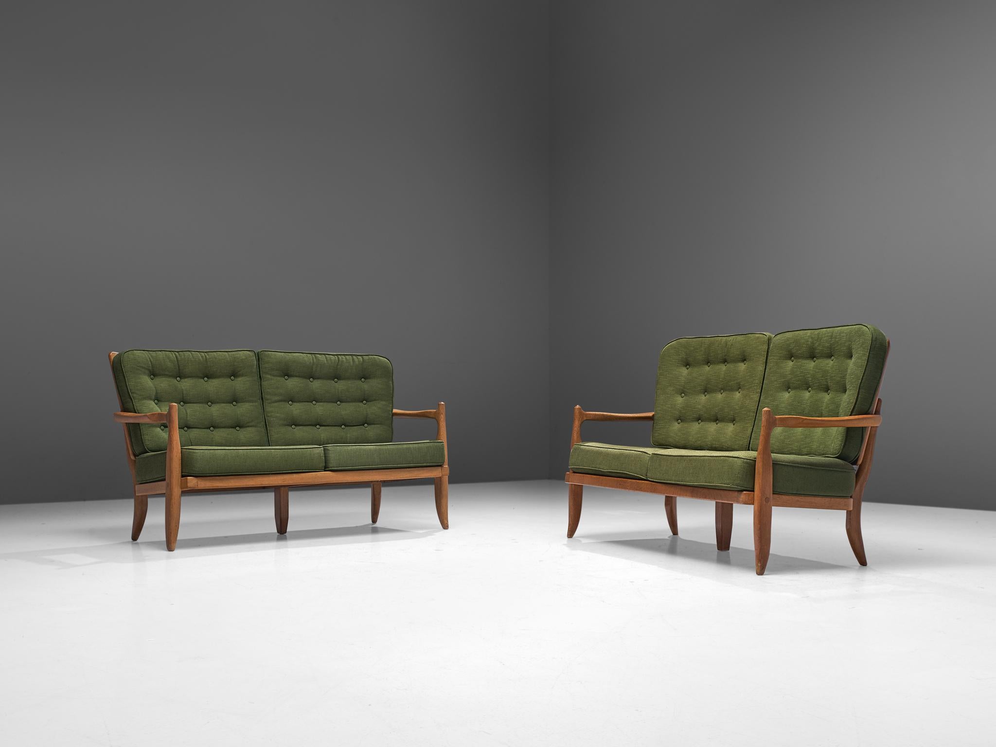 Mid-Century Modern Pair of Guillerme et Chambron Sofas in Moss Green Upholstery