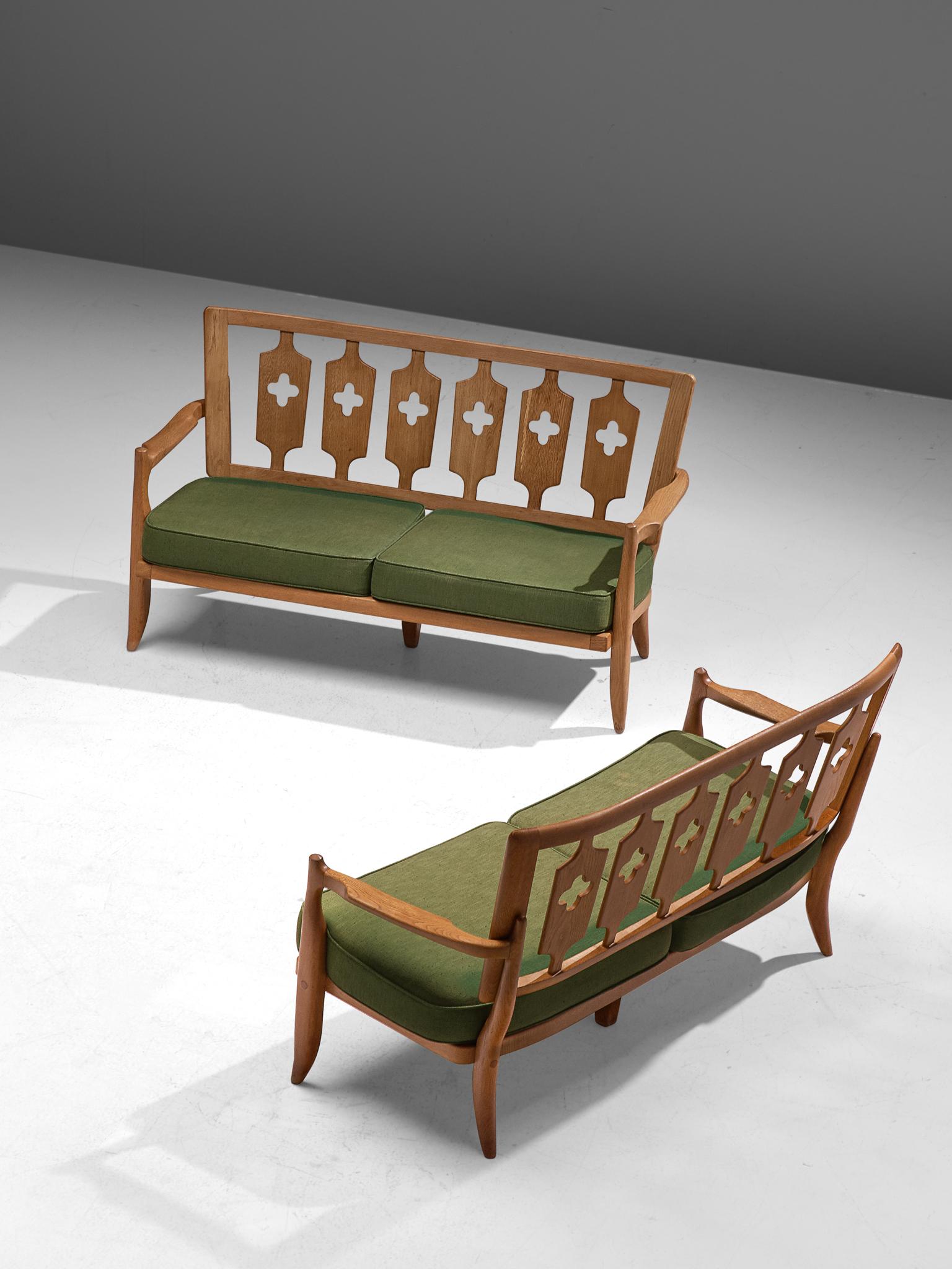 French Pair of Guillerme et Chambron Sofas in Moss Green Upholstery