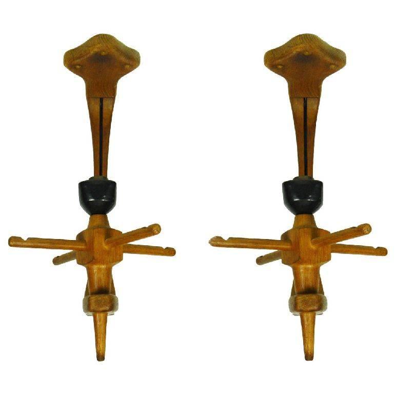 Pair of Guillerme et Chambron Wall Sconces Oak Wood & Ceramic French Folk Art 60 For Sale