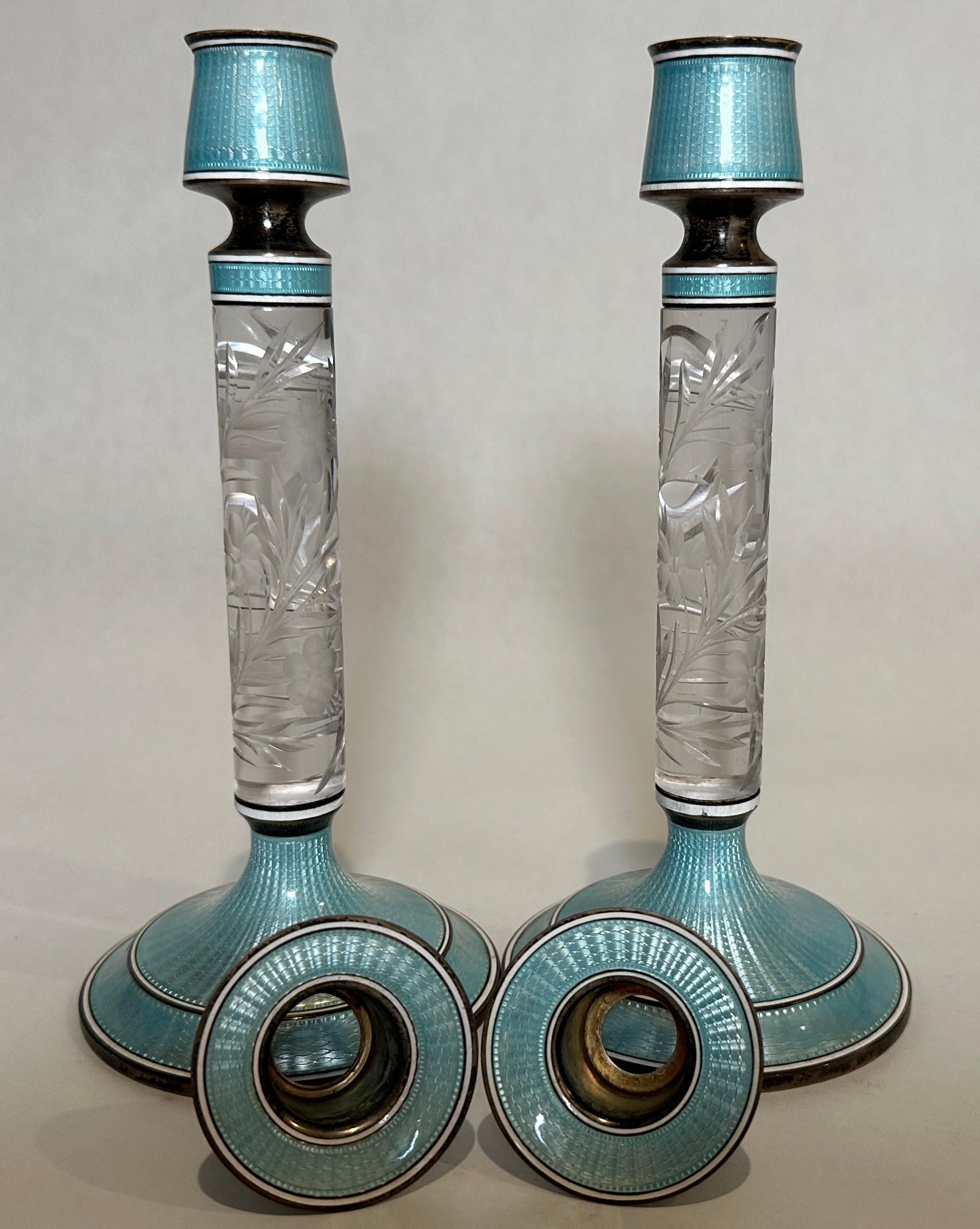 Art Deco Pair of Guilloche Enamel and Cut Glass Sterling Silver Candlesticks