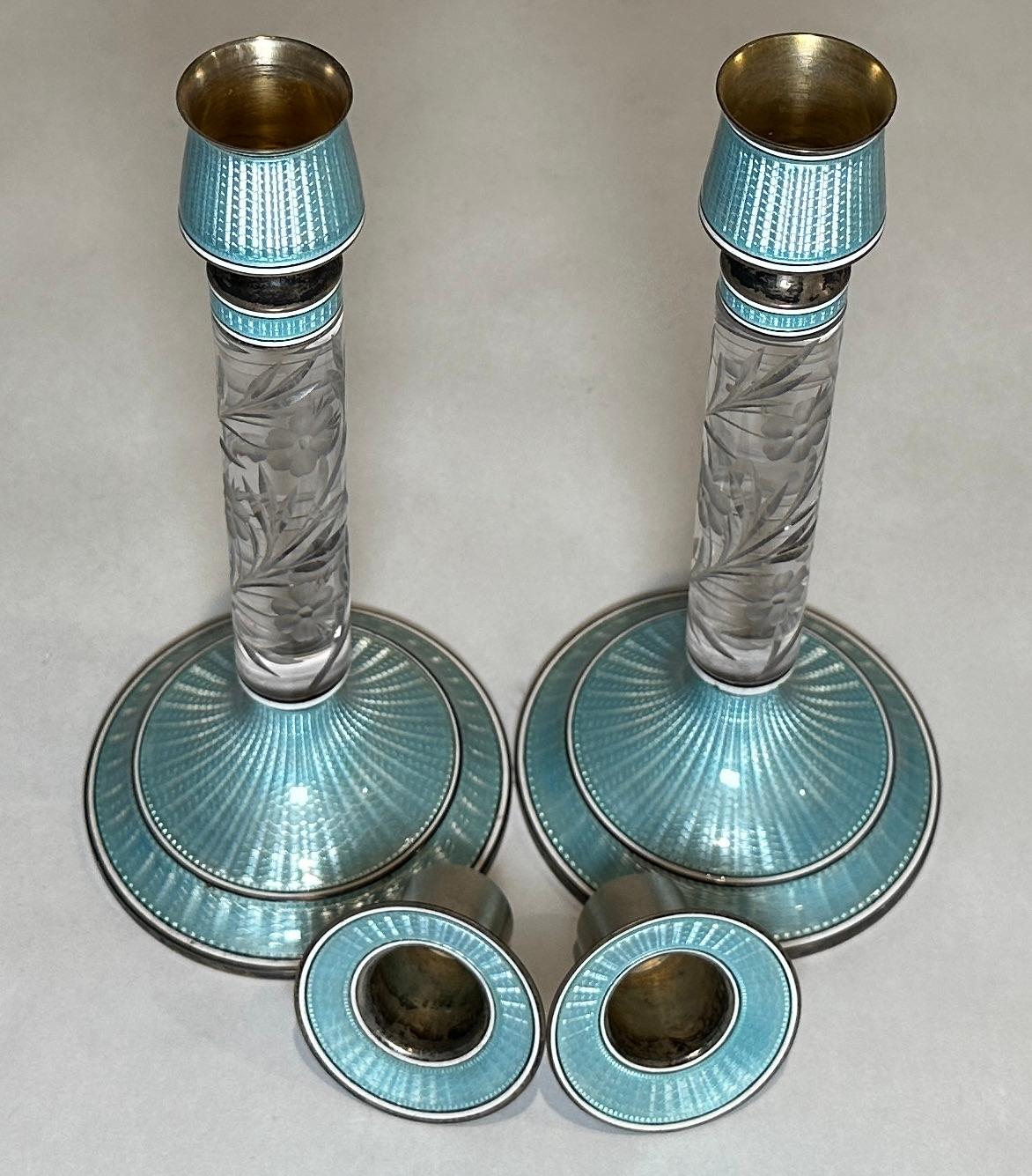 Enameled Pair of Guilloche Enamel and Cut Glass Sterling Silver Candlesticks