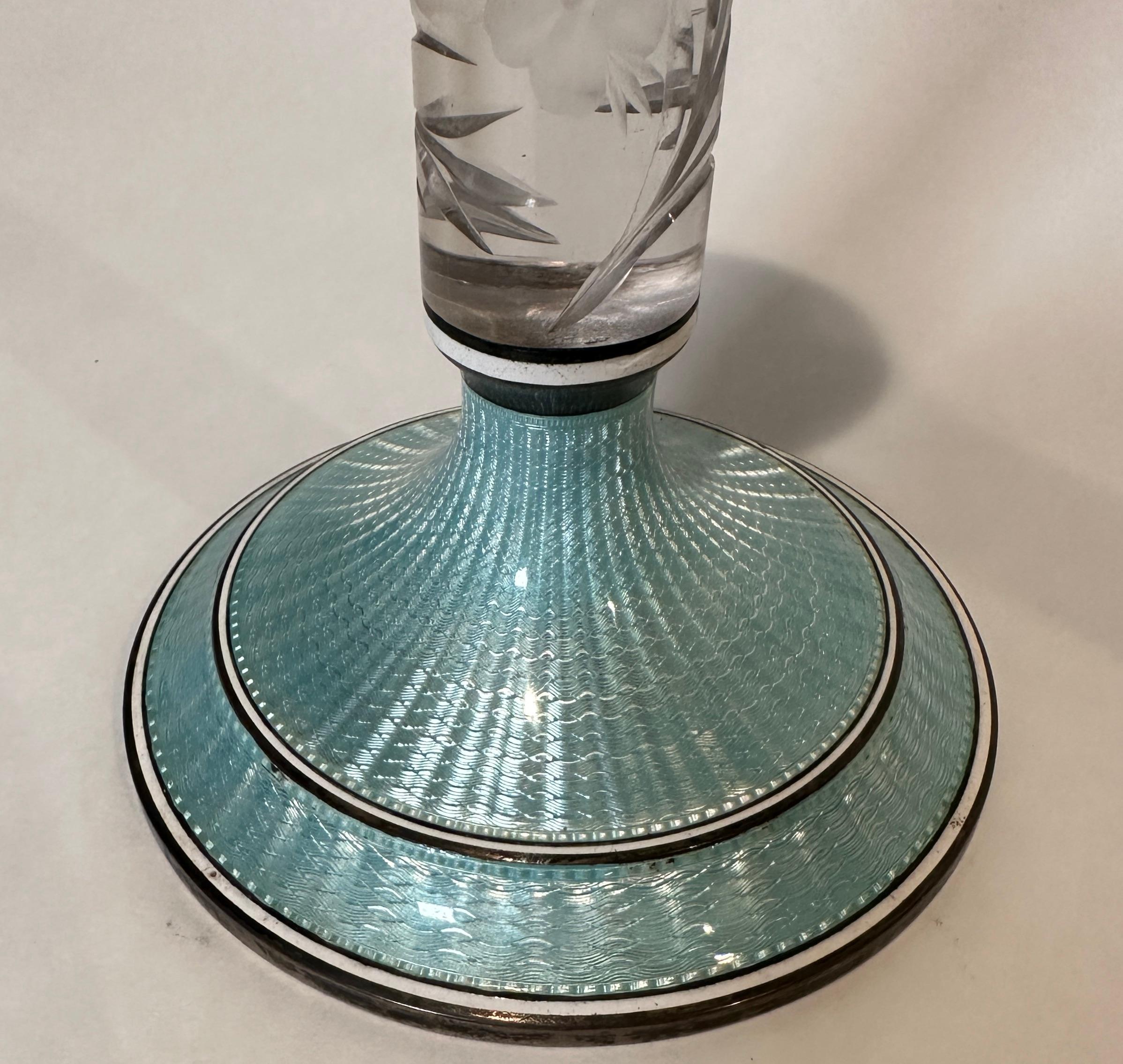 Pair of Guilloche Enamel and Cut Glass Sterling Silver Candlesticks In Good Condition In Norwood, NJ