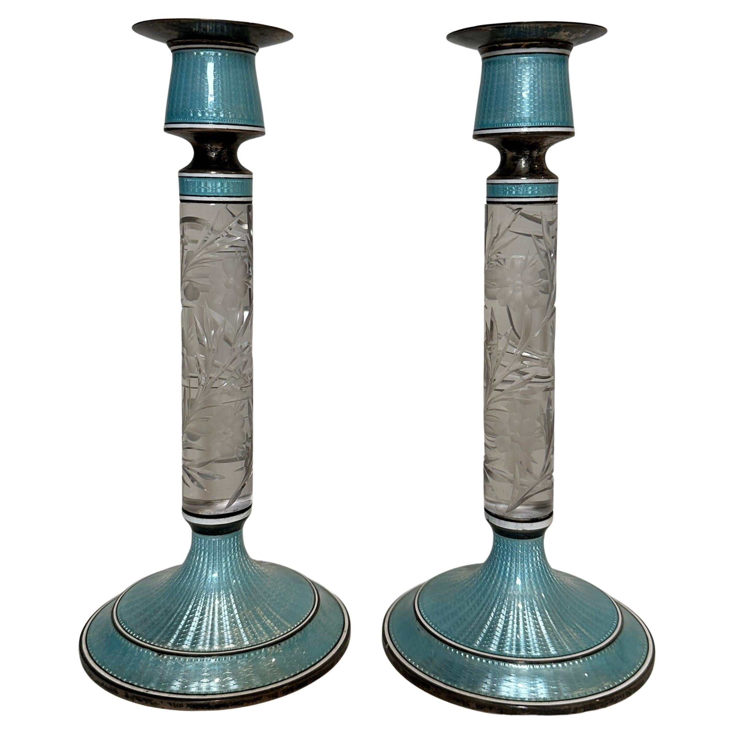 Pair of Guilloche Enamel and Cut Glass Sterling Silver Candlesticks