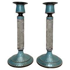 Pair of Guilloche Enamel and Cut Glass Sterling Silver Candlesticks