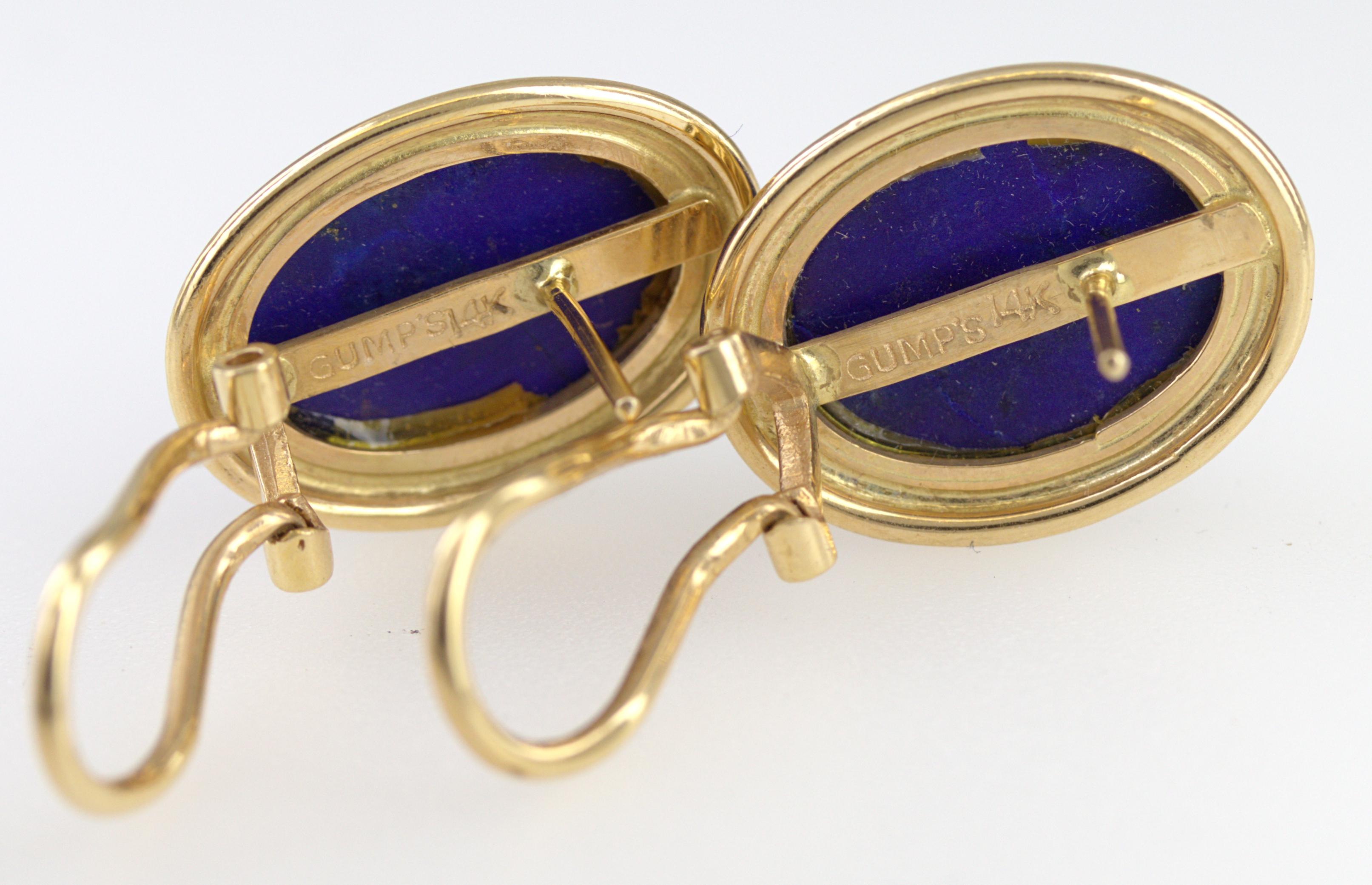 Pair of Gump’s Lapis Lazuli, 14K Yellow Gold Earrings For Sale 4