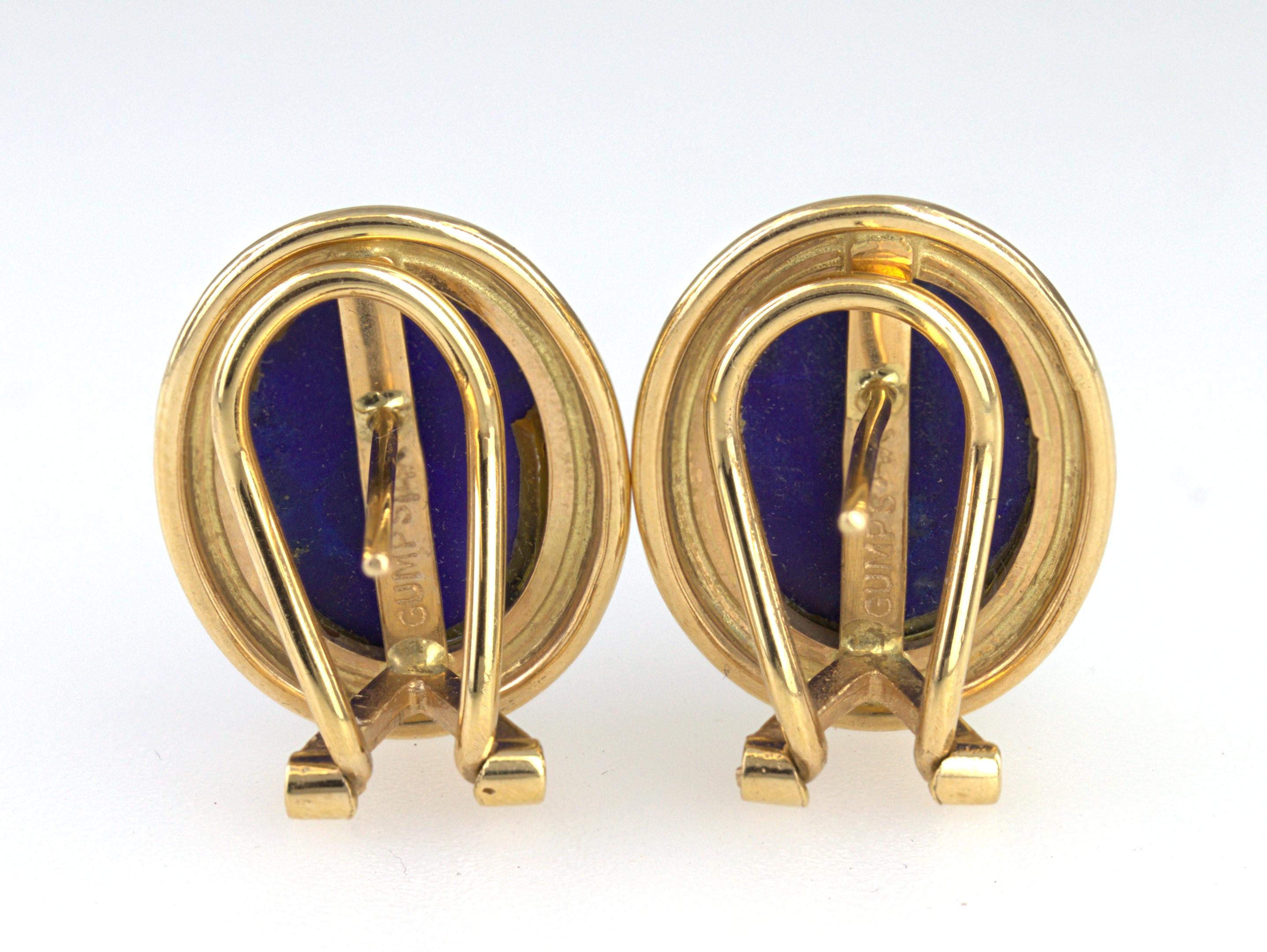 Artisan Pair of Gump’s Lapis Lazuli, 14K Yellow Gold Earrings For Sale