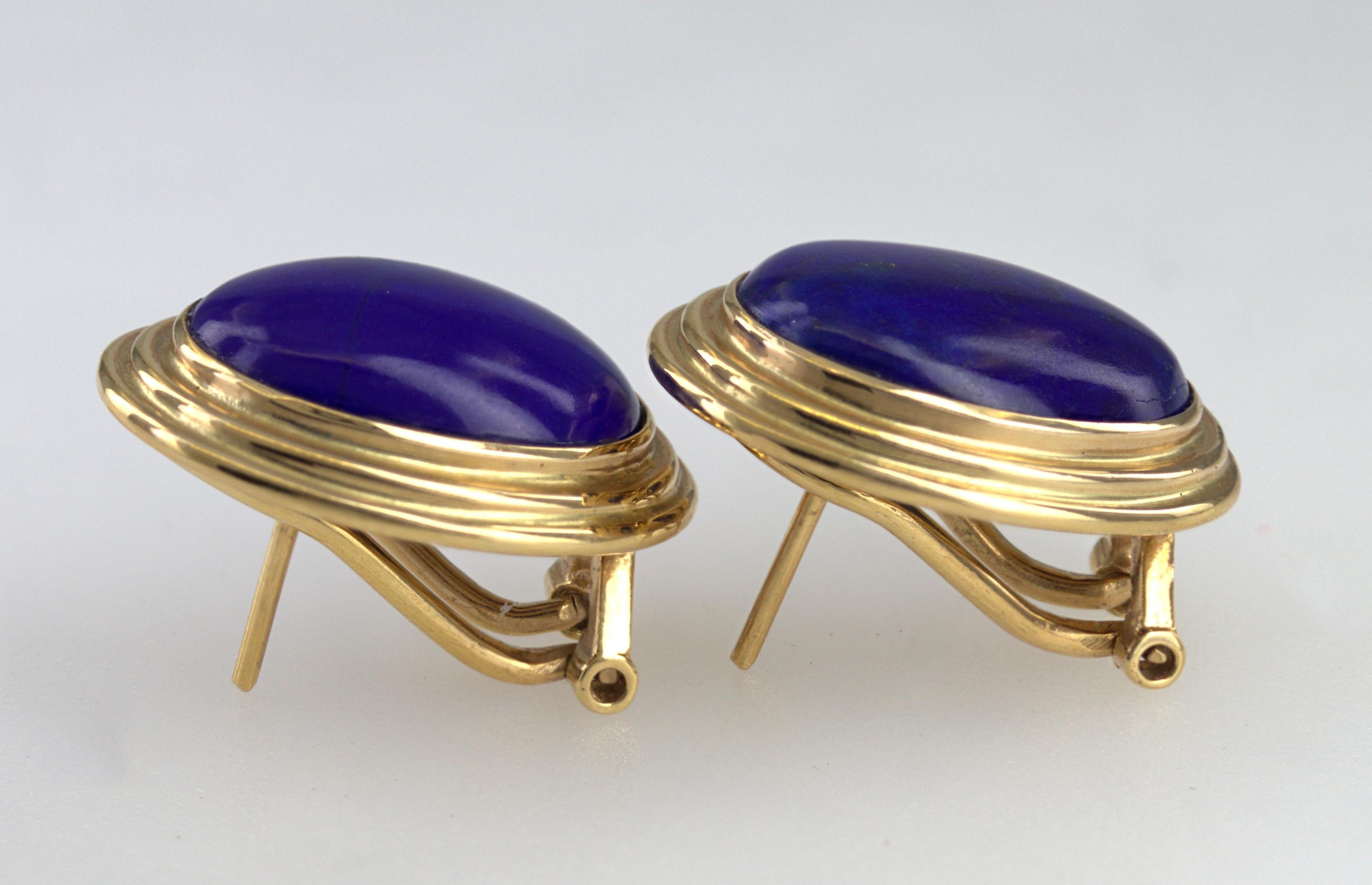 Cabochon Pair of Gump’s Lapis Lazuli, 14K Yellow Gold Earrings For Sale