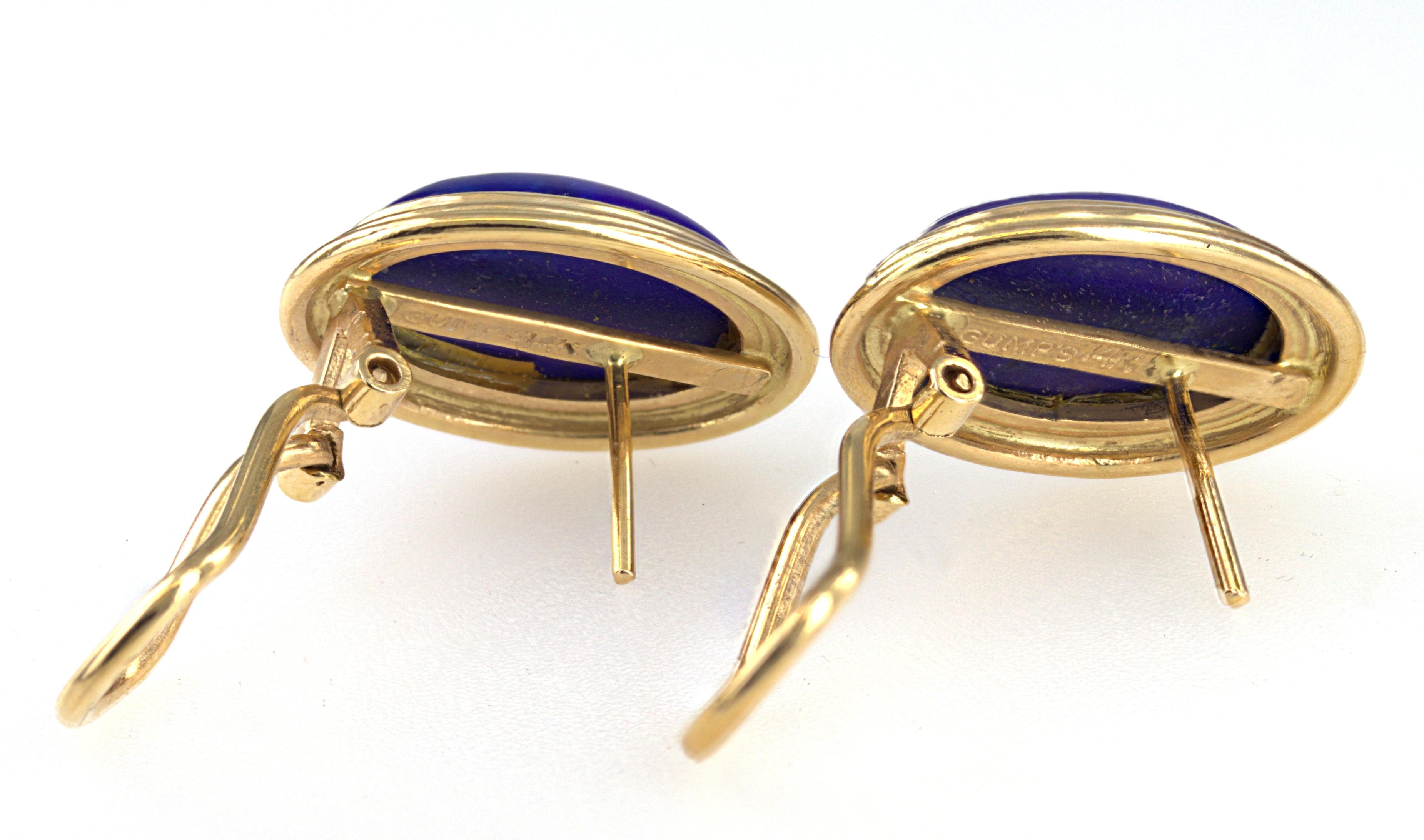 Pair of Gump’s Lapis Lazuli, 14K Yellow Gold Earrings In Good Condition For Sale In Pleasant Hill, CA