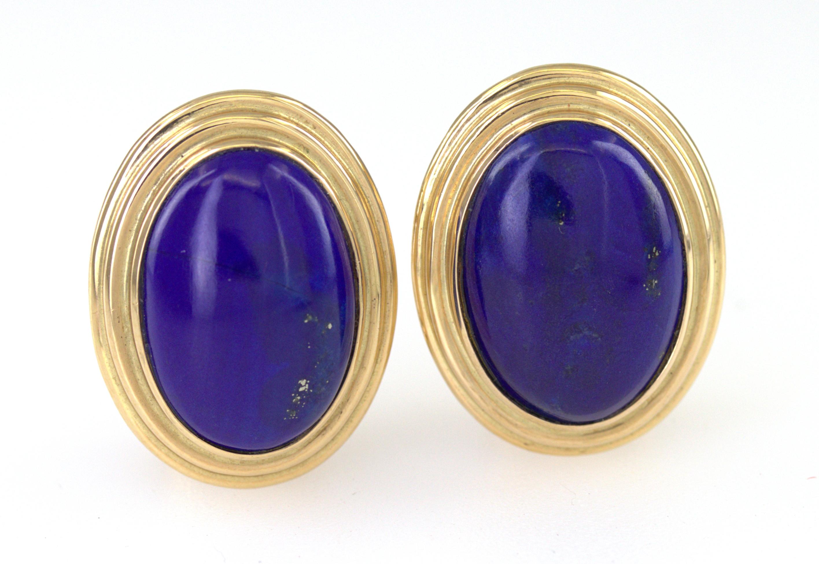 Women's or Men's Pair of Gump’s Lapis Lazuli, 14K Yellow Gold Earrings For Sale
