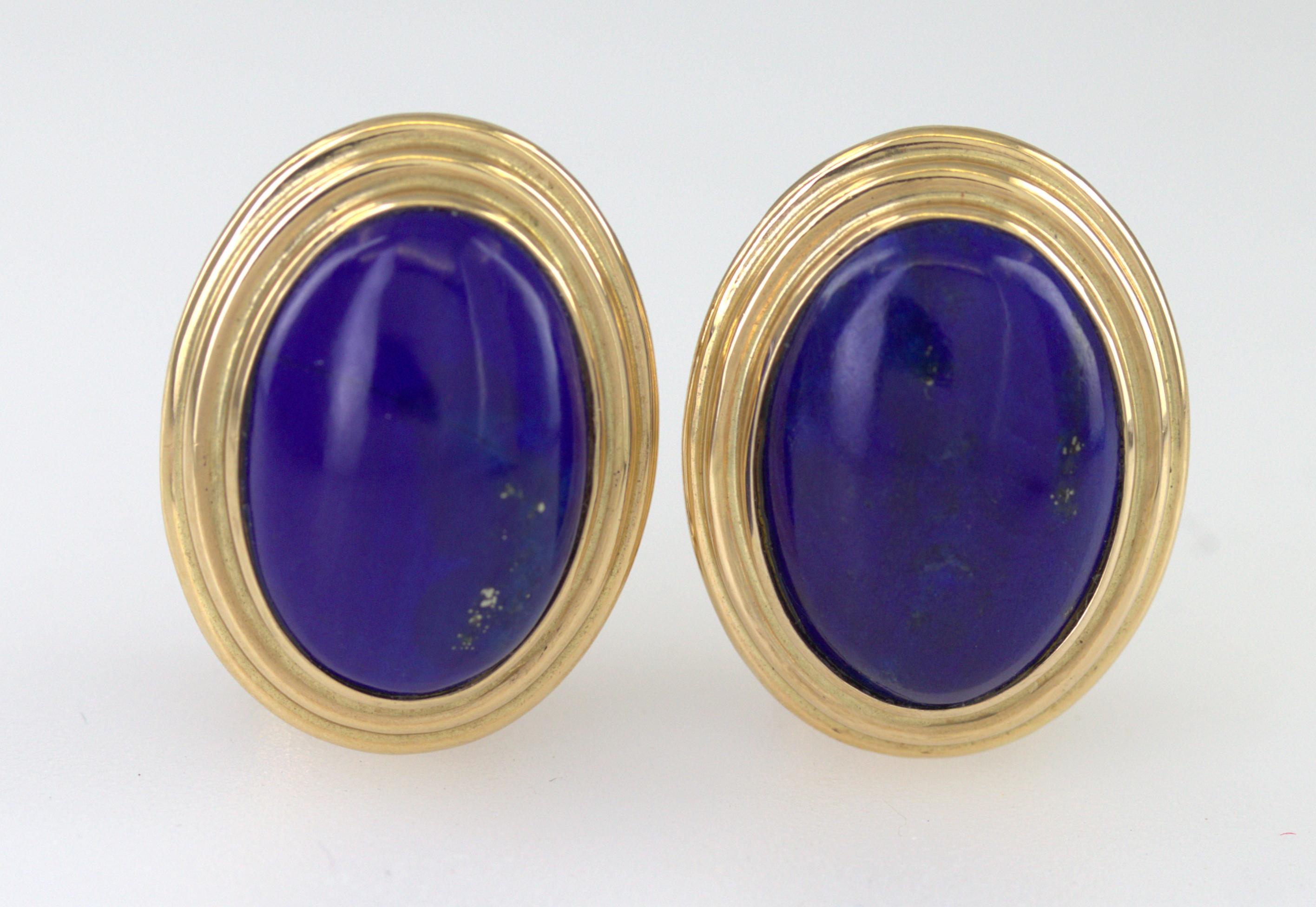 Pair of Gump’s Lapis Lazuli, 14K Yellow Gold Earrings For Sale 2