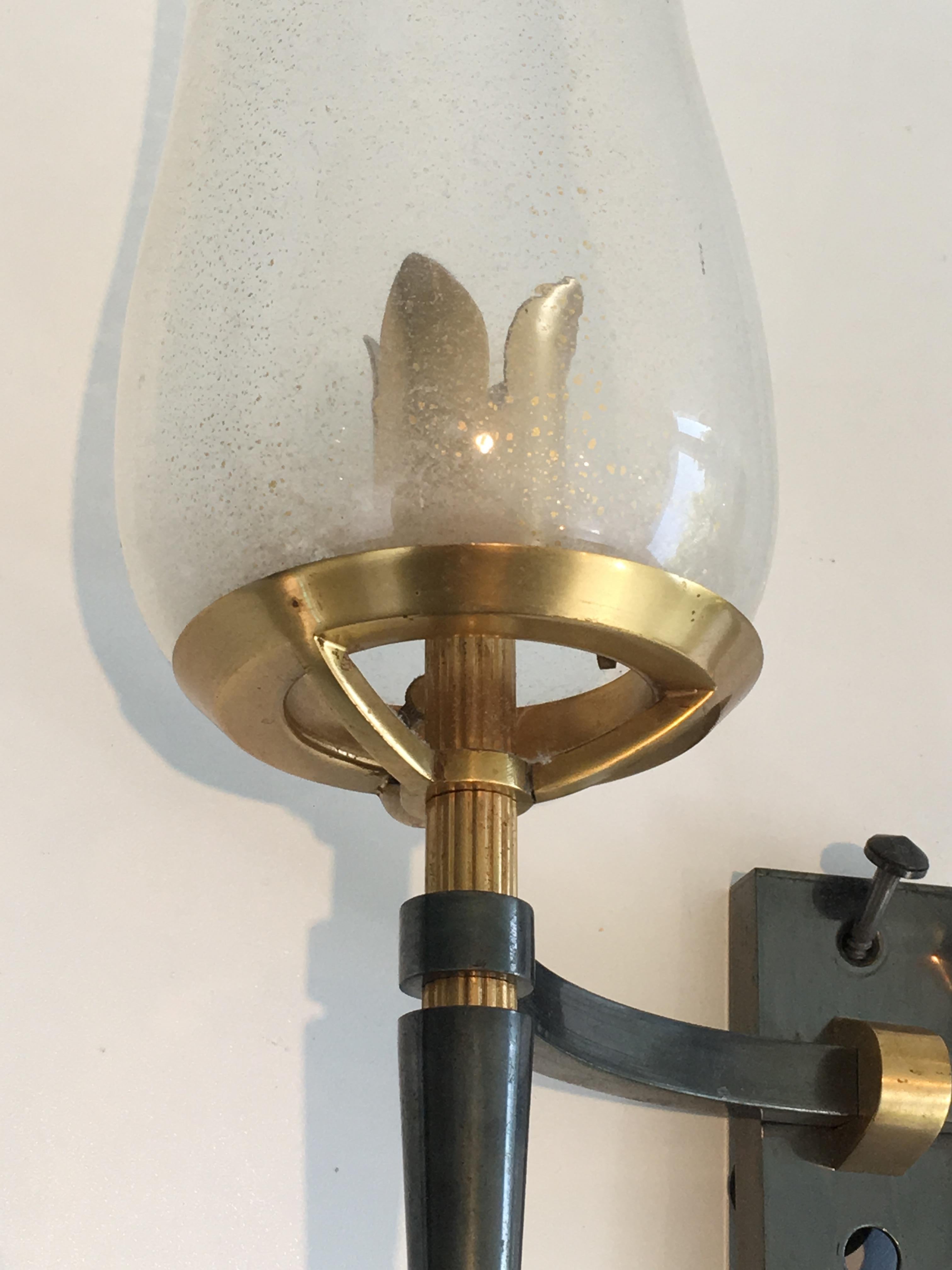 Pair of Gun Metal Steel and Gilt Wall Lights with Champagne Murano Glass For Sale 3