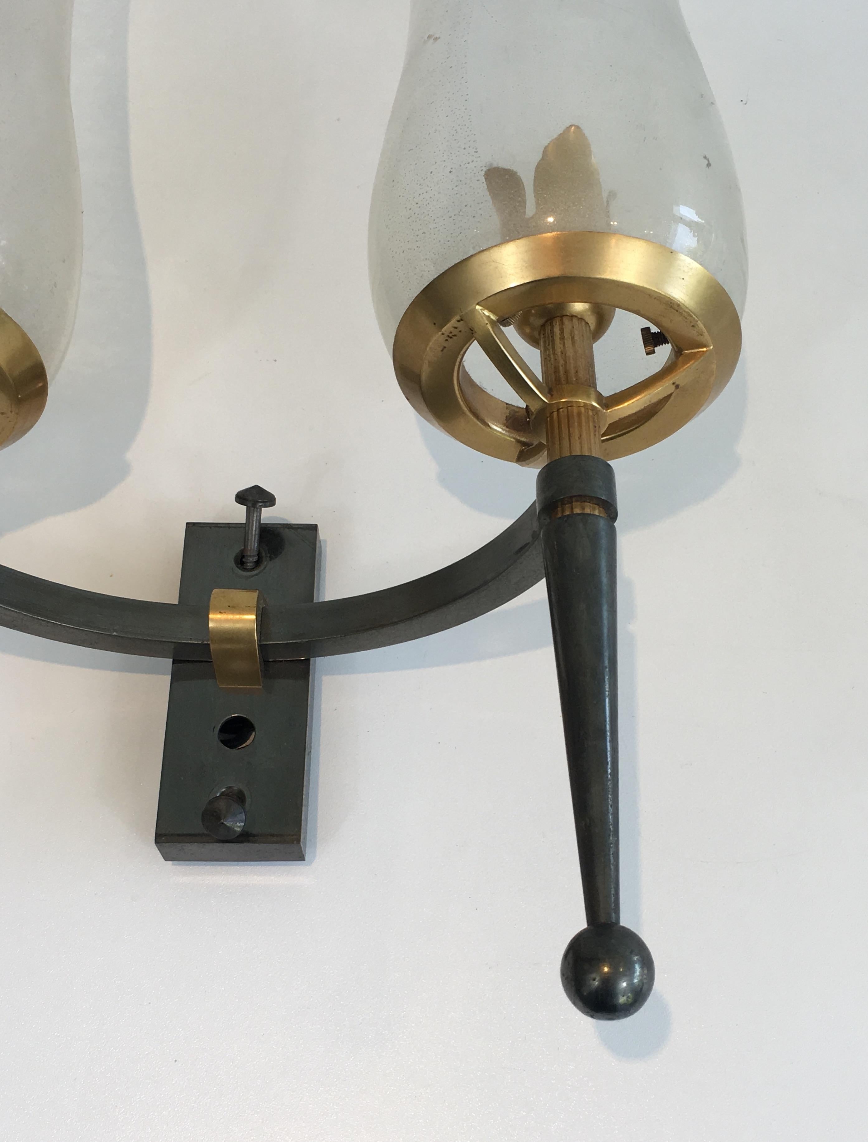 Pair of Gun Metal Steel and Gilt Wall Lights with Champagne Murano Glass For Sale 10