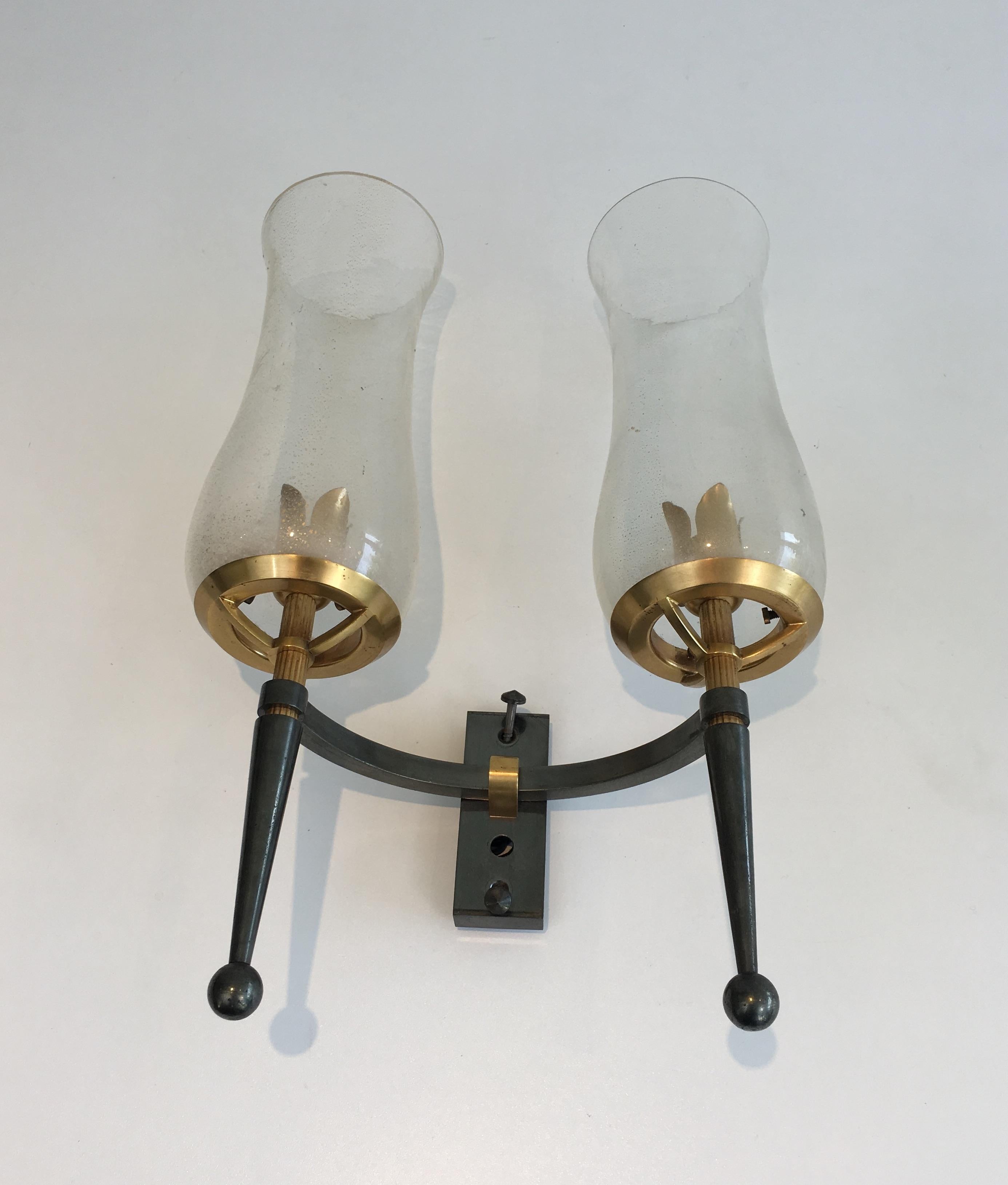 Pair of Gun Metal Steel and Gilt Wall Lights with Champagne Murano Glass For Sale 10