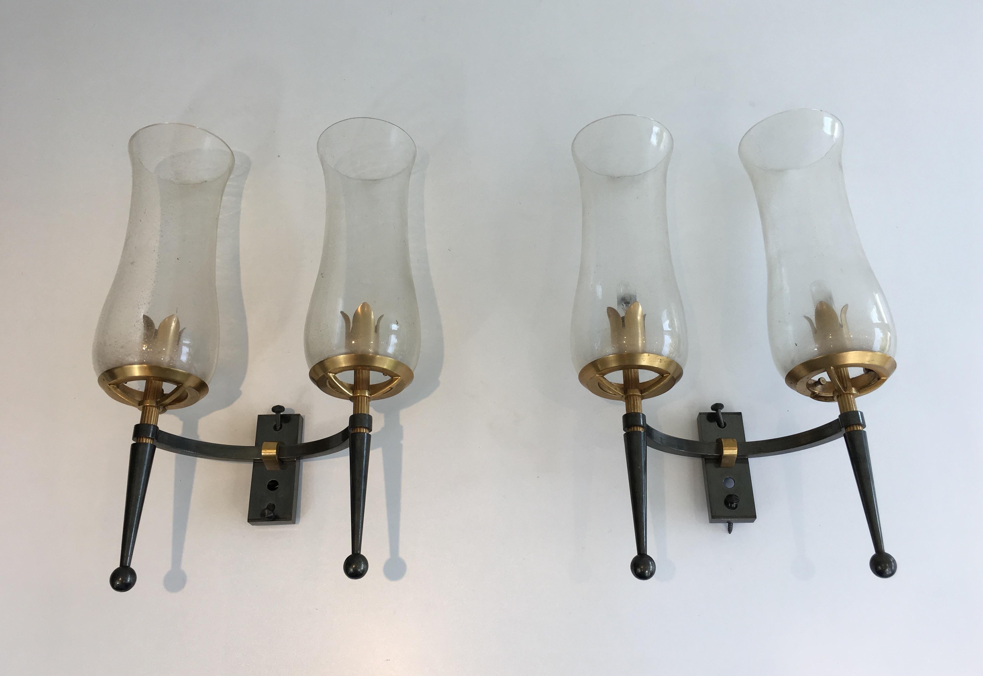 Pair of Gun Metal Steel and Gilt Wall Lights with Champagne Murano Glass For Sale 11