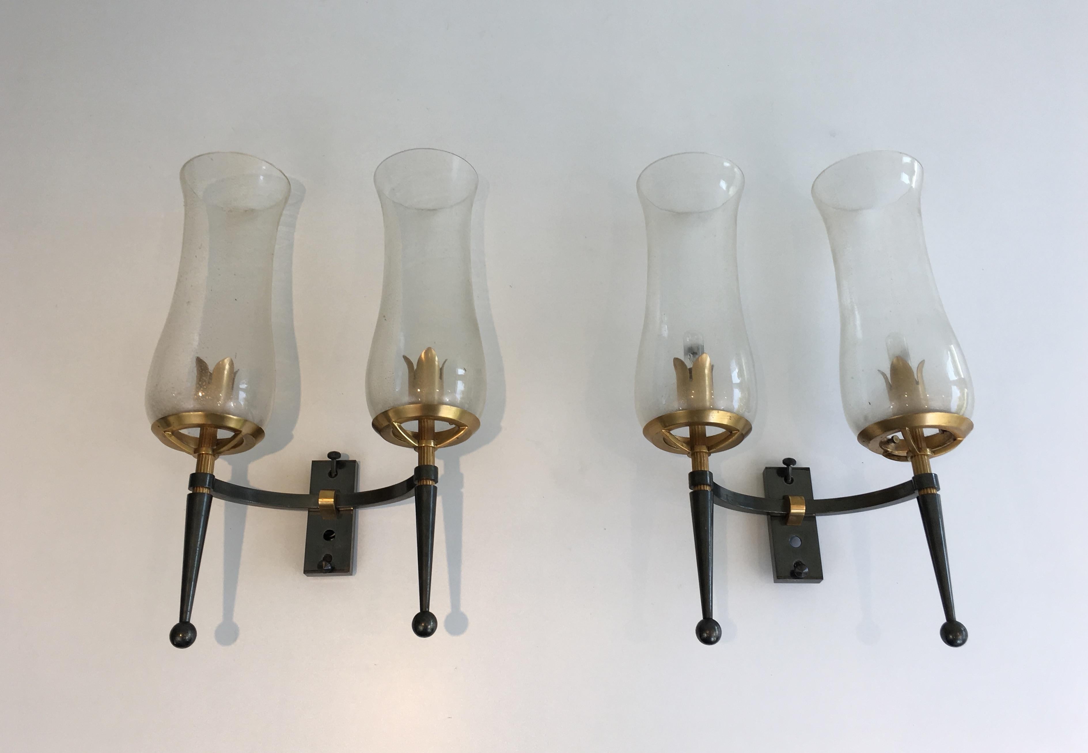 Mid-Century Modern Pair of Gun Metal Steel and Gilt Wall Lights with Champagne Murano Glass For Sale