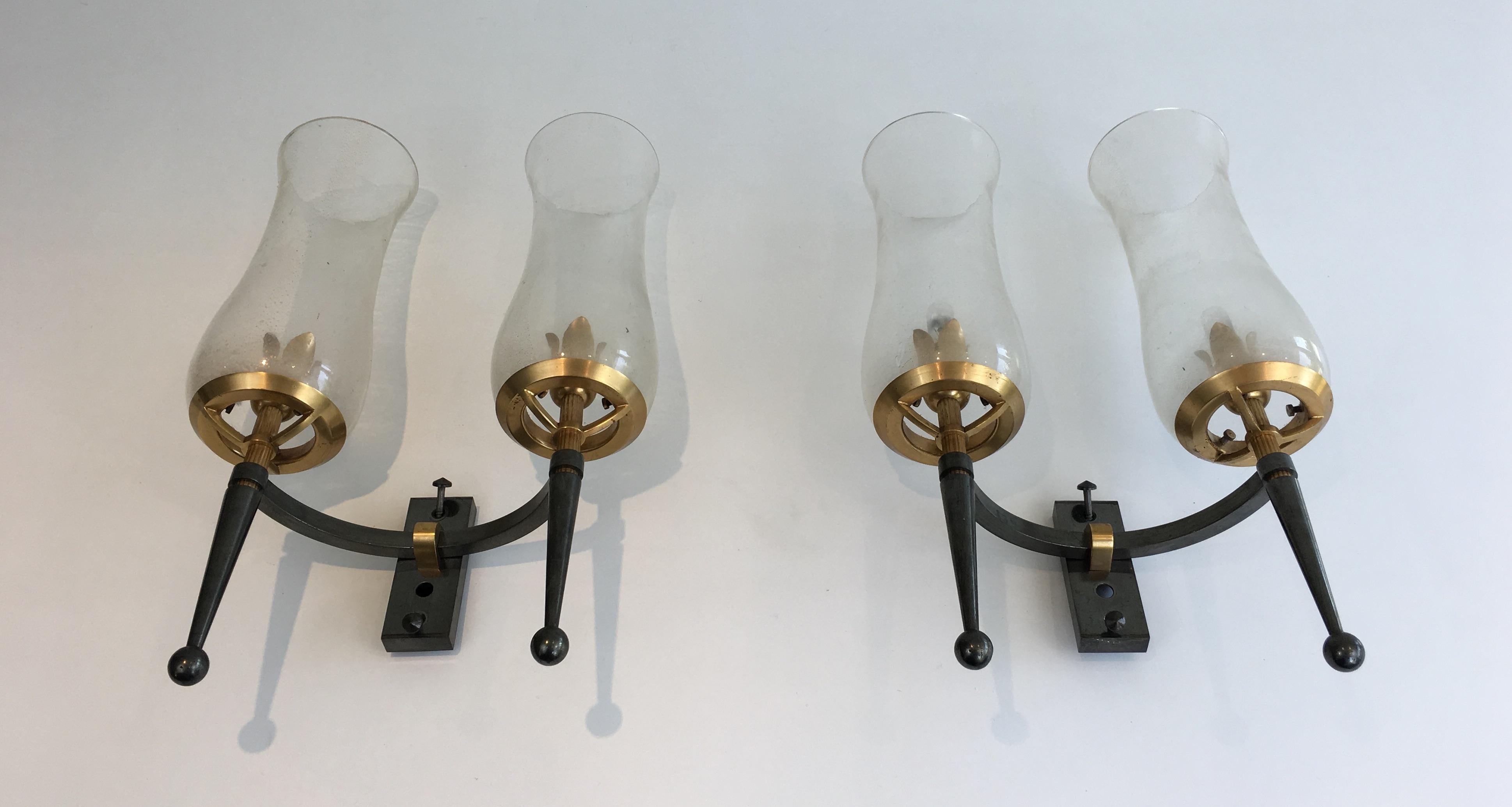 French Pair of Gun Metal Steel and Gilt Wall Lights with Champagne Murano Glass For Sale