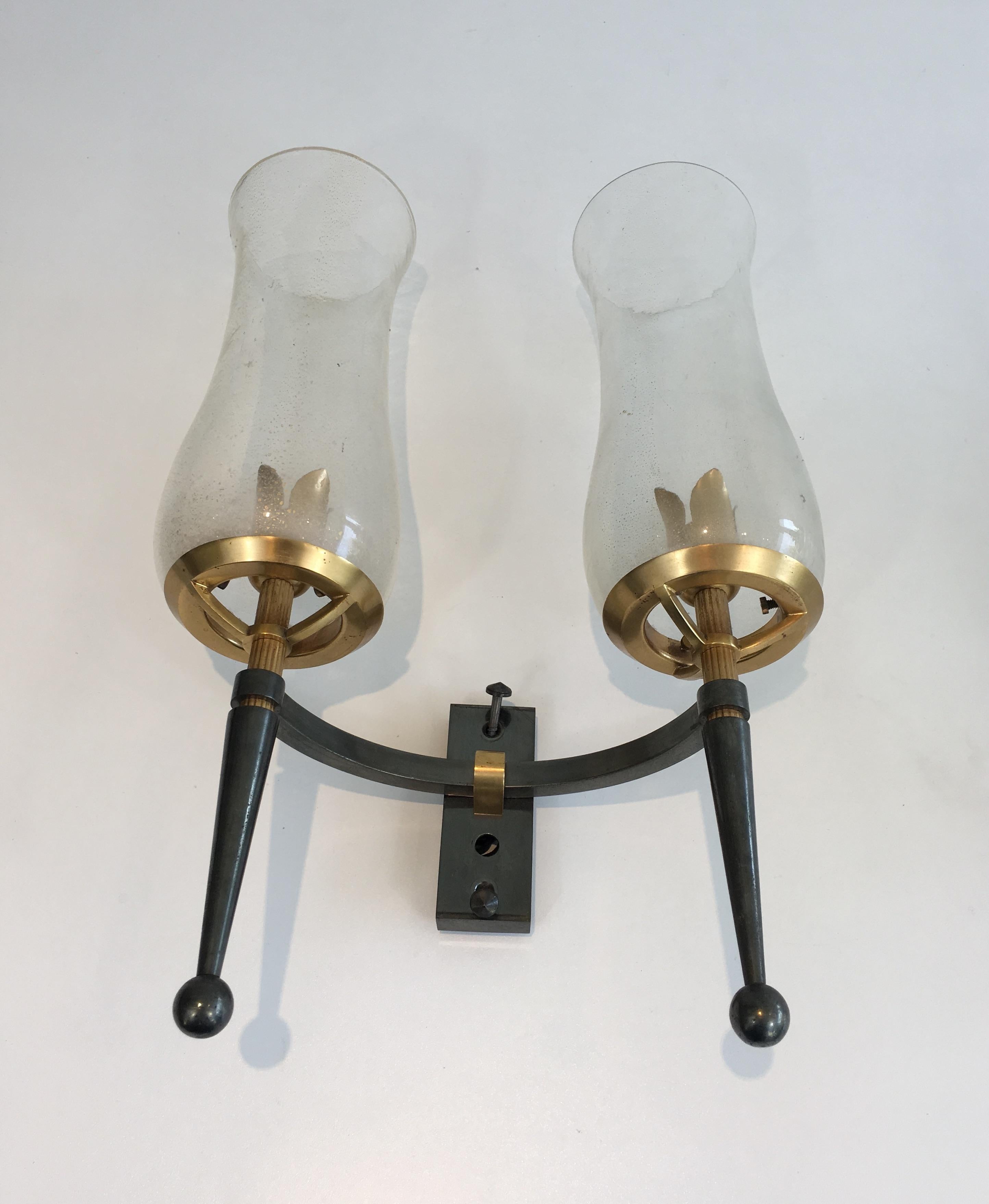 Late 20th Century Pair of Gun Metal Steel and Gilt Wall Lights with Champagne Murano Glass For Sale