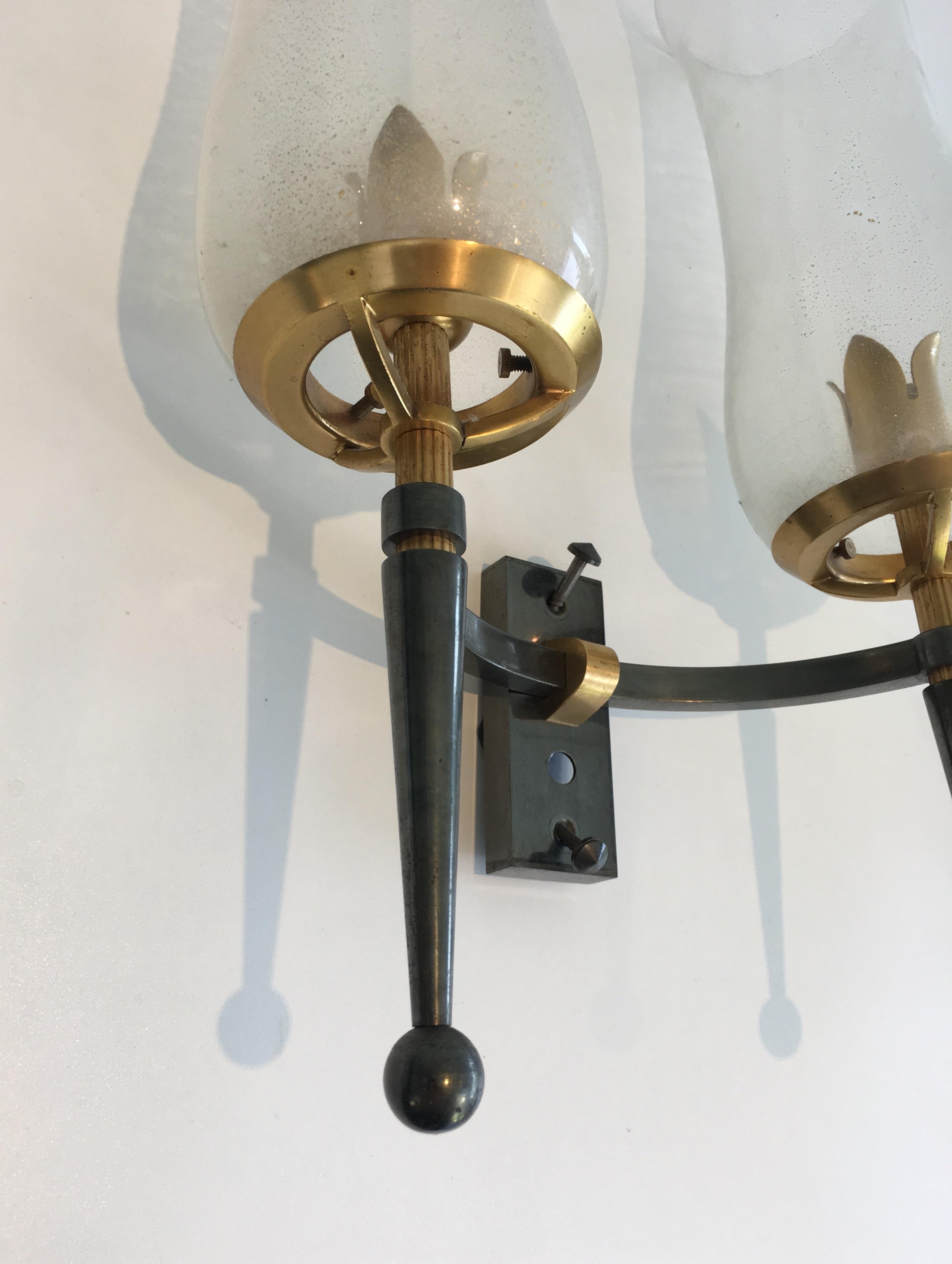 Bronze Pair of Gun Metal Steel and Gilt Wall Lights with Champagne Murano Glass For Sale