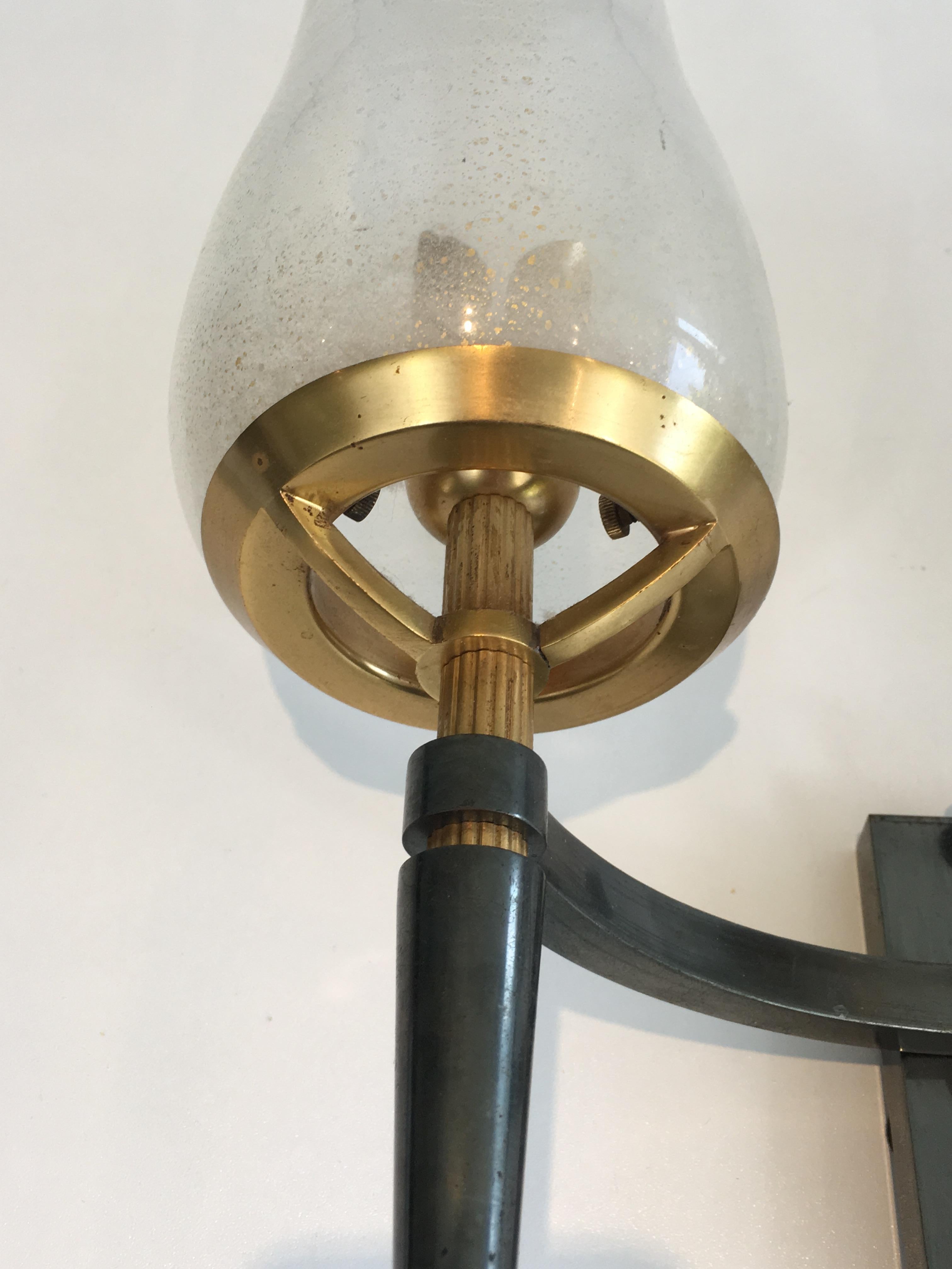 Pair of Gun Metal Steel and Gilt Wall Lights with Champagne Murano Glass For Sale 2