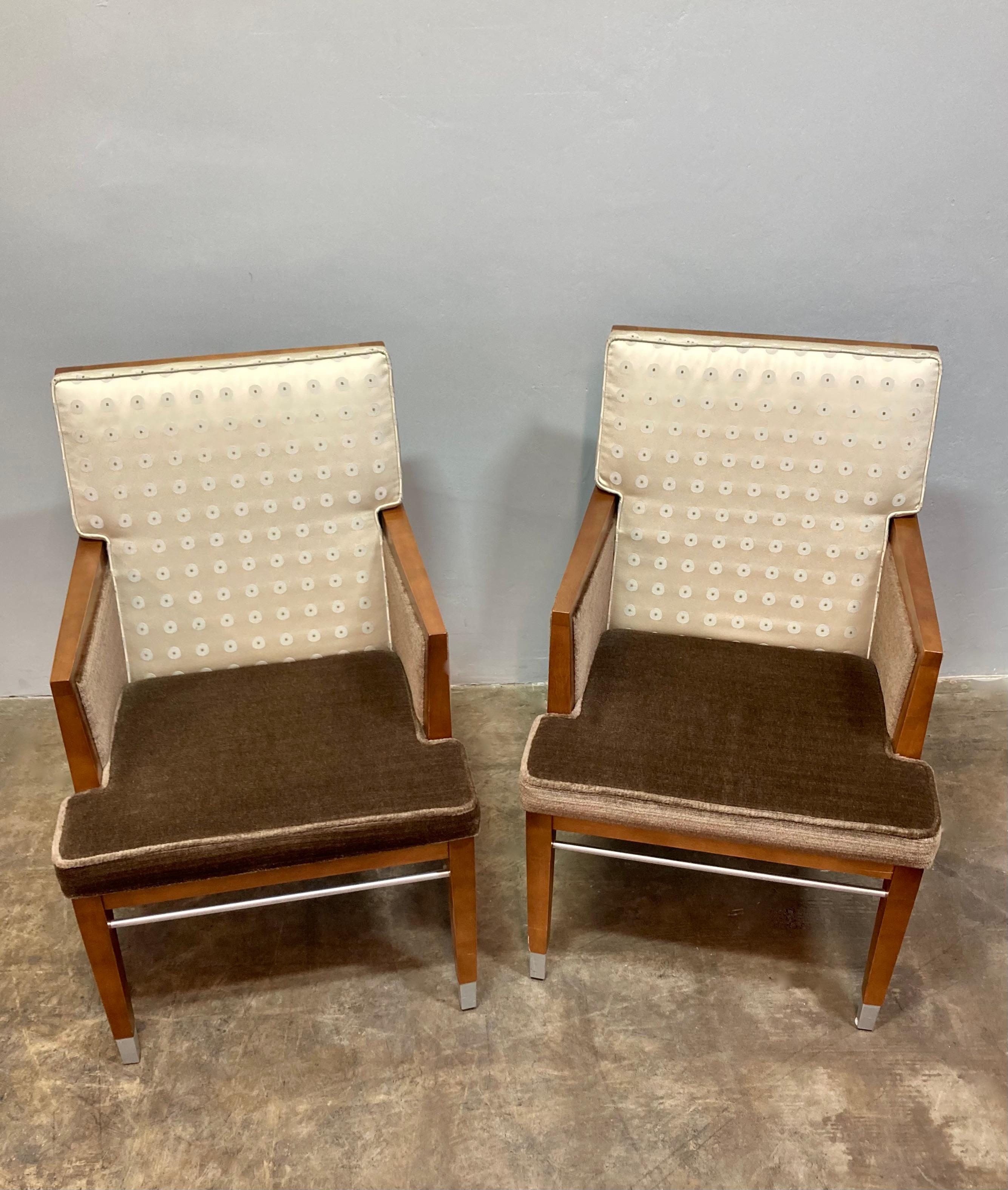 Matching set of two Gunlocke Company lounge/armchairs. Art Deco style with brown textured mohair and printed satin upholstery. Walnut frame with aluminum foot caps and support bars. In great vintage condition. A fantastic set of relaxed mid-century