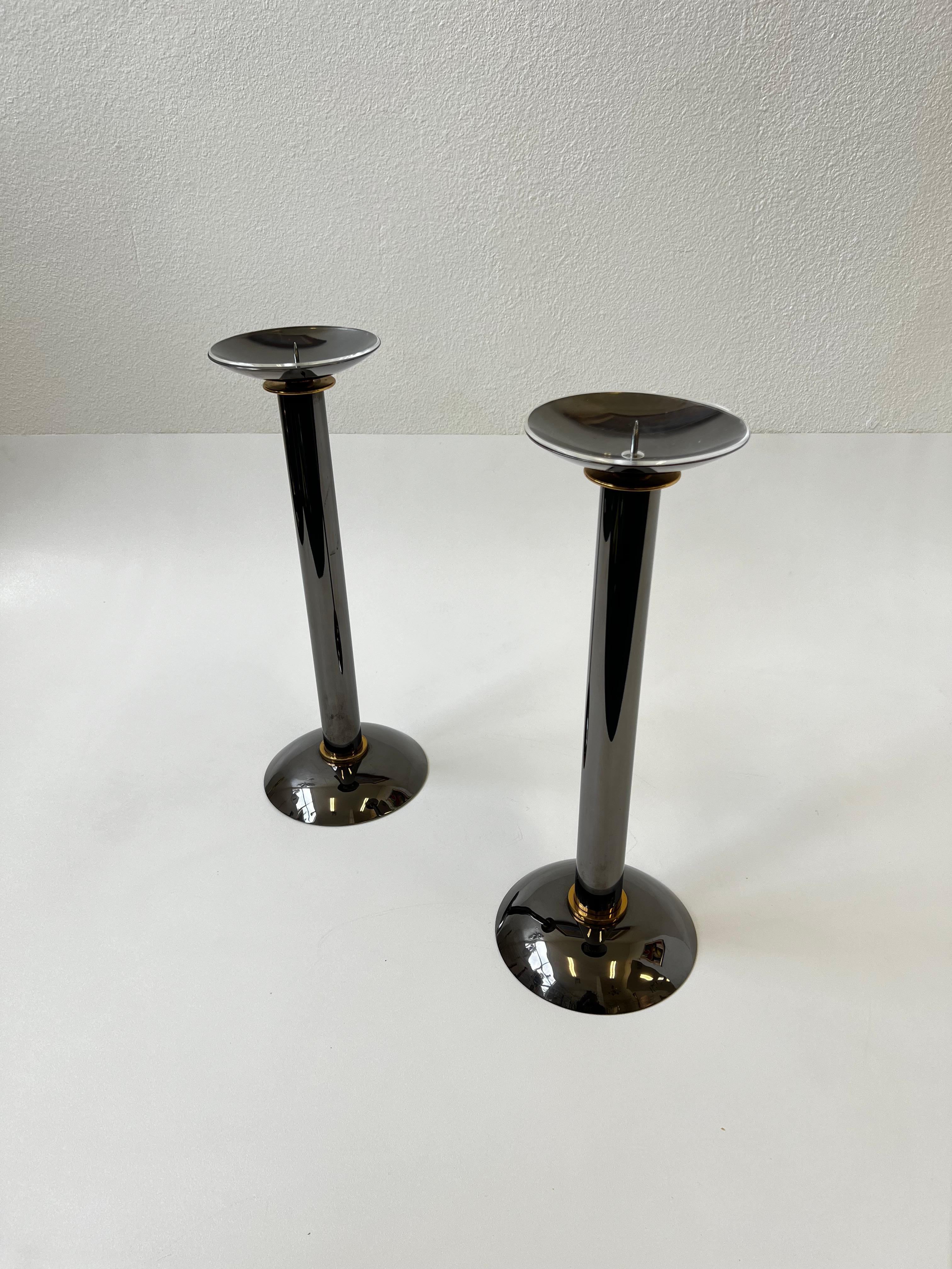 Hand-Crafted Pair of Gunmetal and Brass Candle Holders by Karl Springer  For Sale