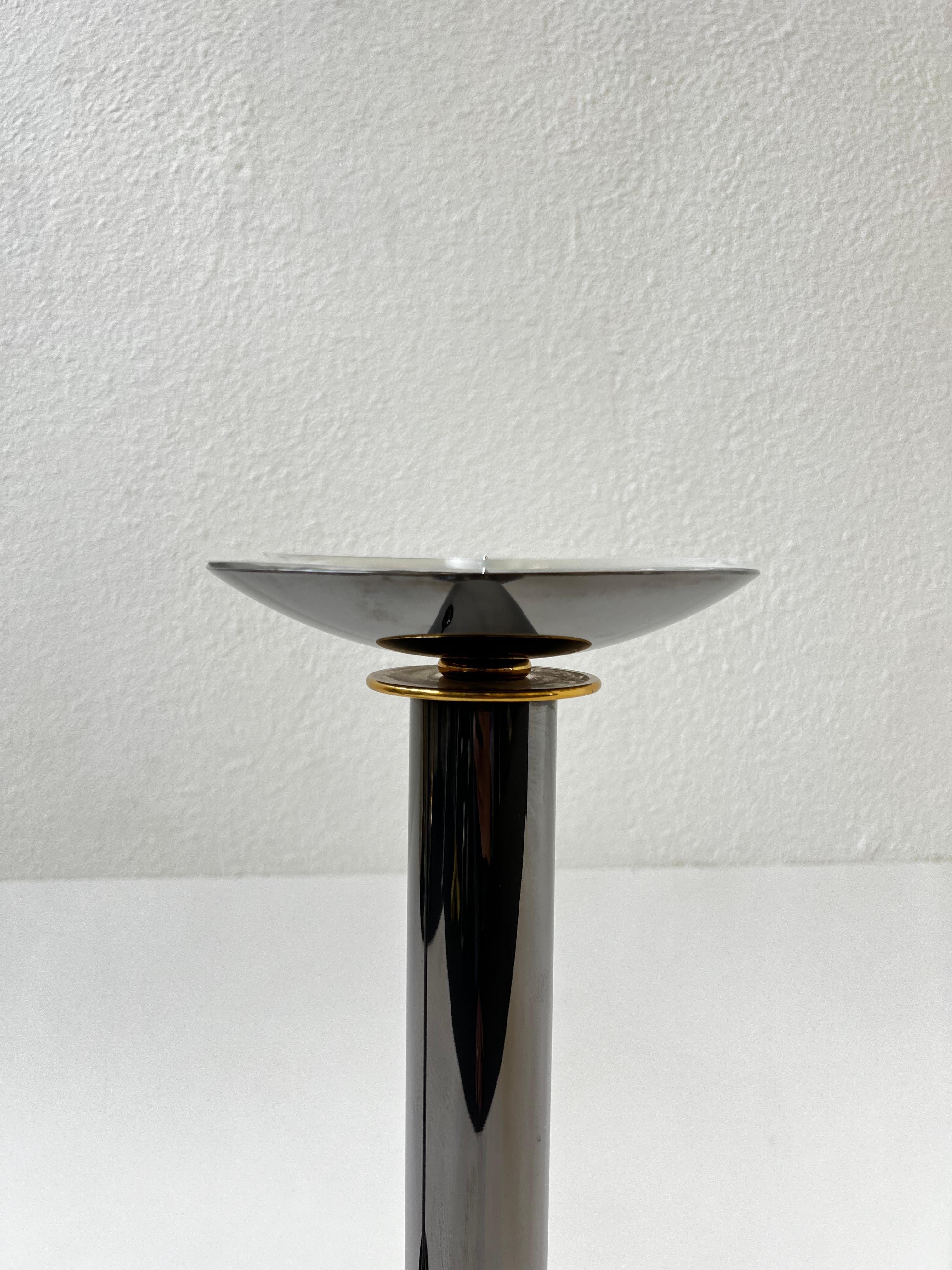Late 20th Century Pair of Gunmetal and Brass Candle Holders by Karl Springer  For Sale