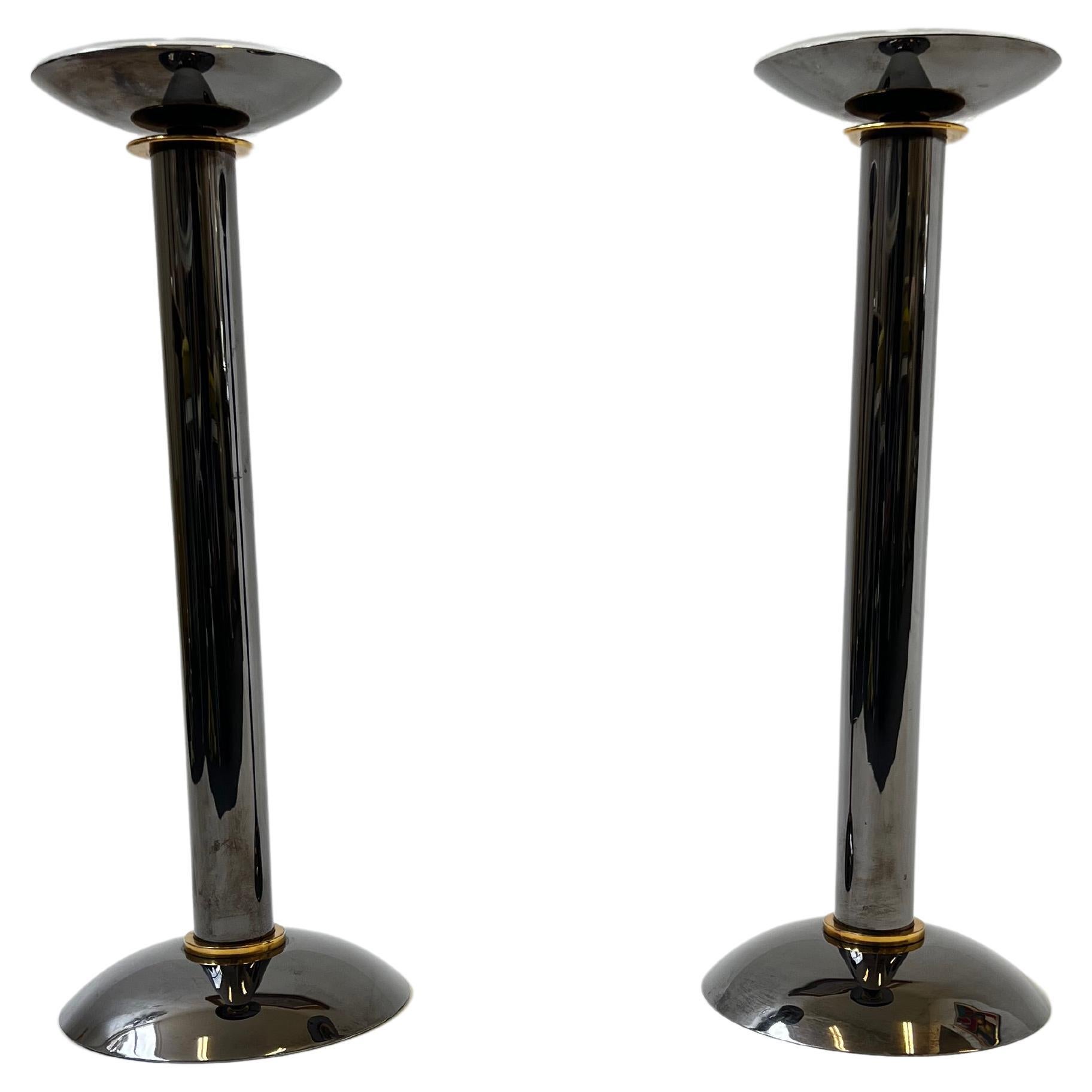 Pair of Gunmetal and Brass Candle Holders by Karl Springer  For Sale
