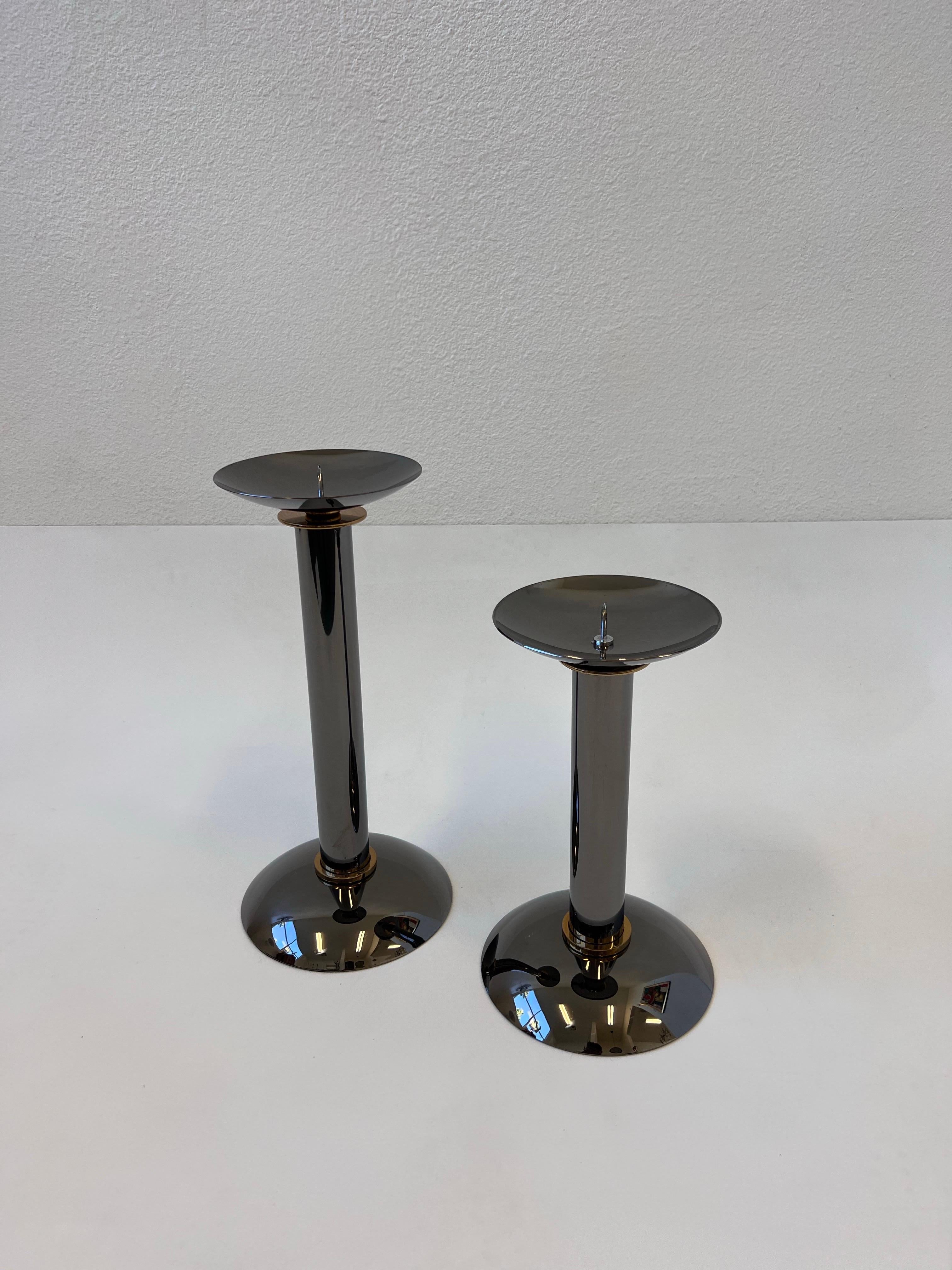Modern Pair of Gunmetal & Brass Candleholders by Karl Springer  For Sale