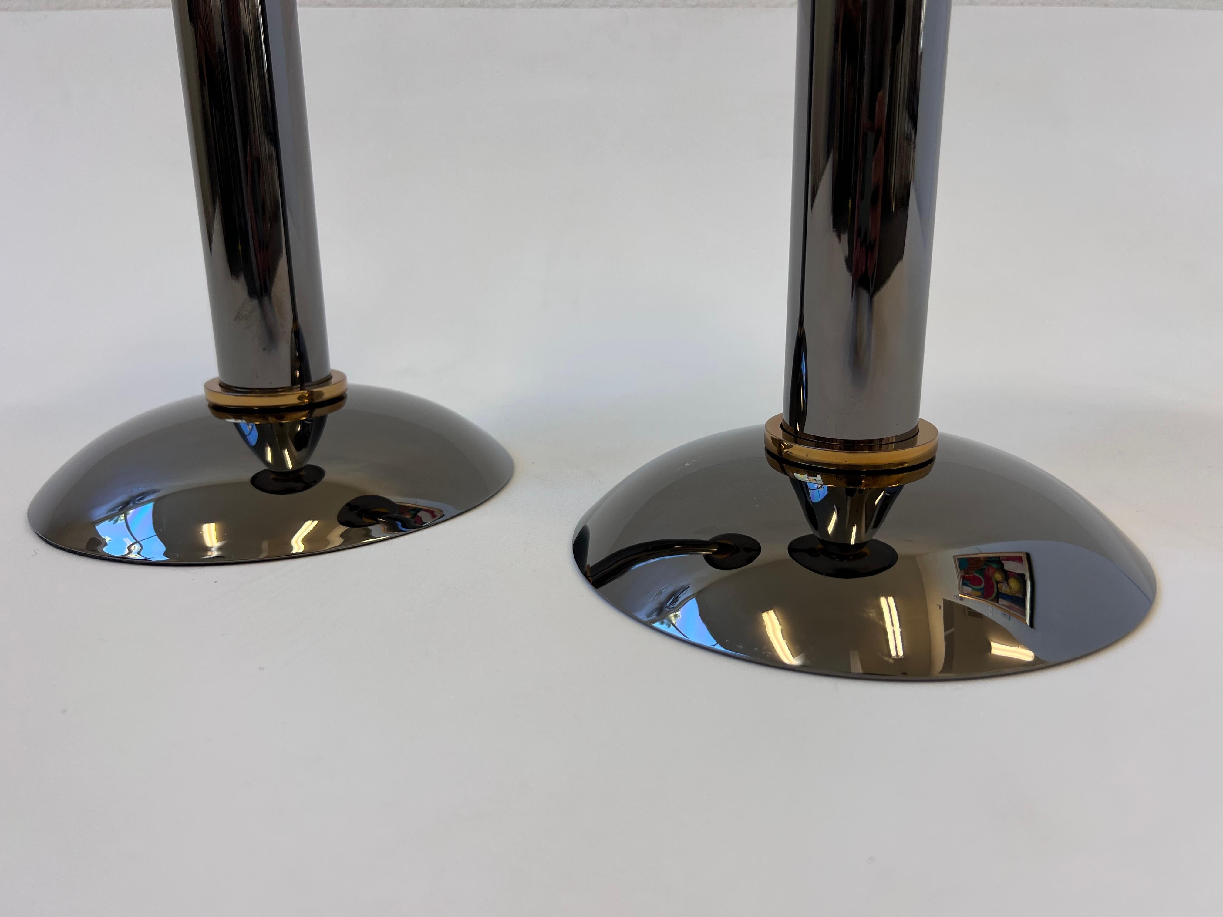 Hand-Crafted Pair of Gunmetal & Brass Candleholders by Karl Springer  For Sale