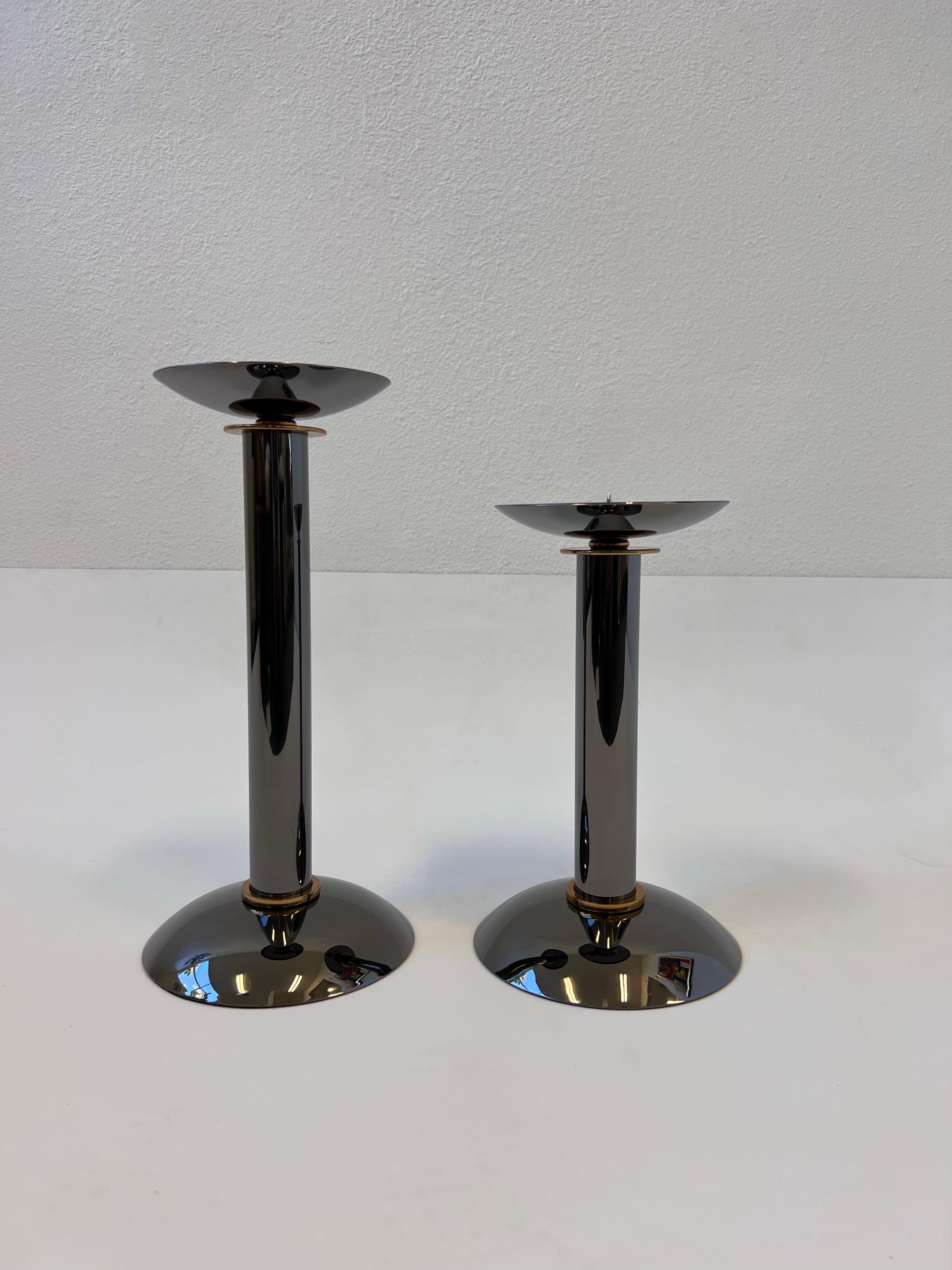 Pair of Gunmetal & Brass Candleholders by Karl Springer  In Good Condition For Sale In Palm Springs, CA