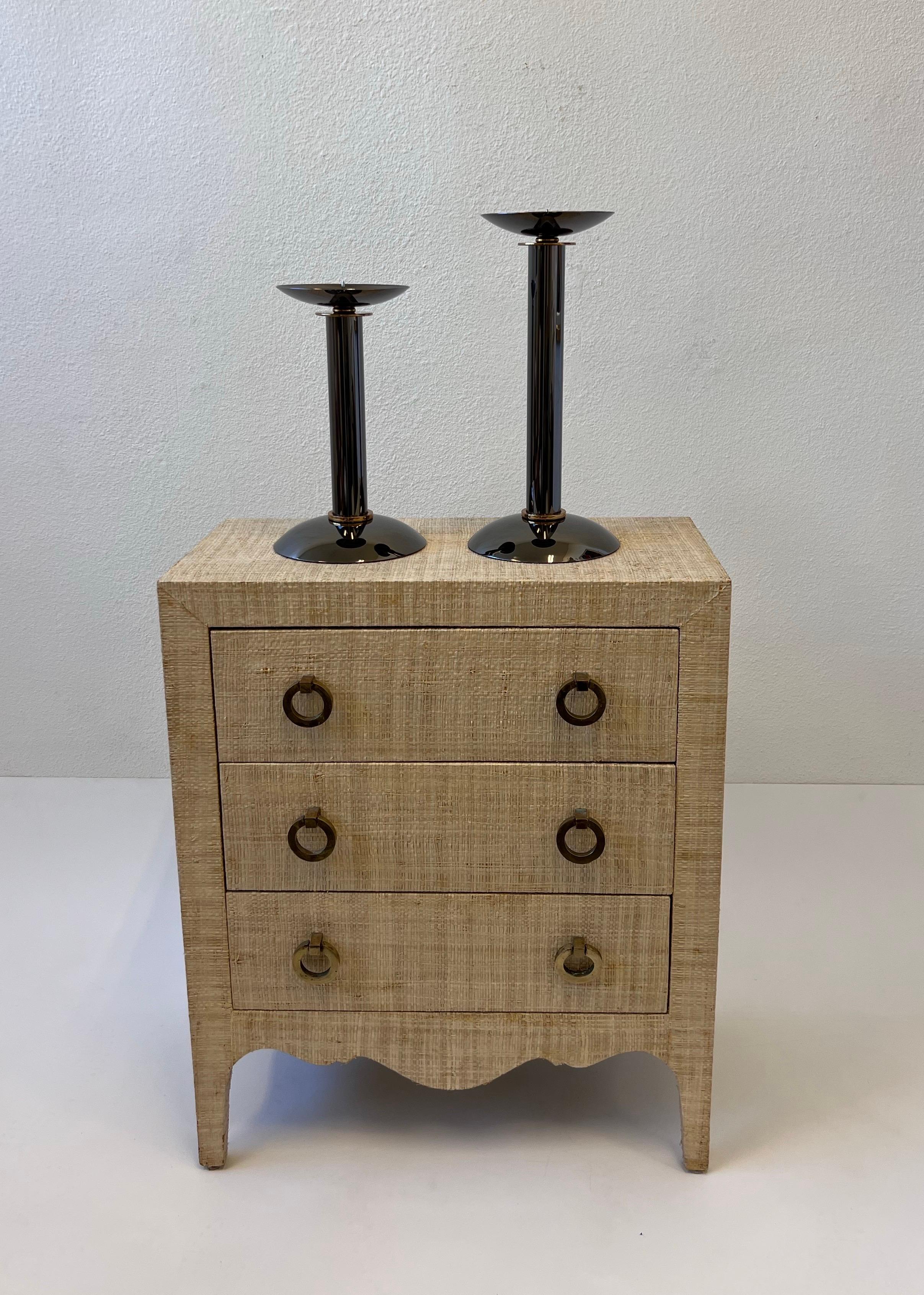 Late 20th Century Pair of Gunmetal & Brass Candleholders by Karl Springer  For Sale