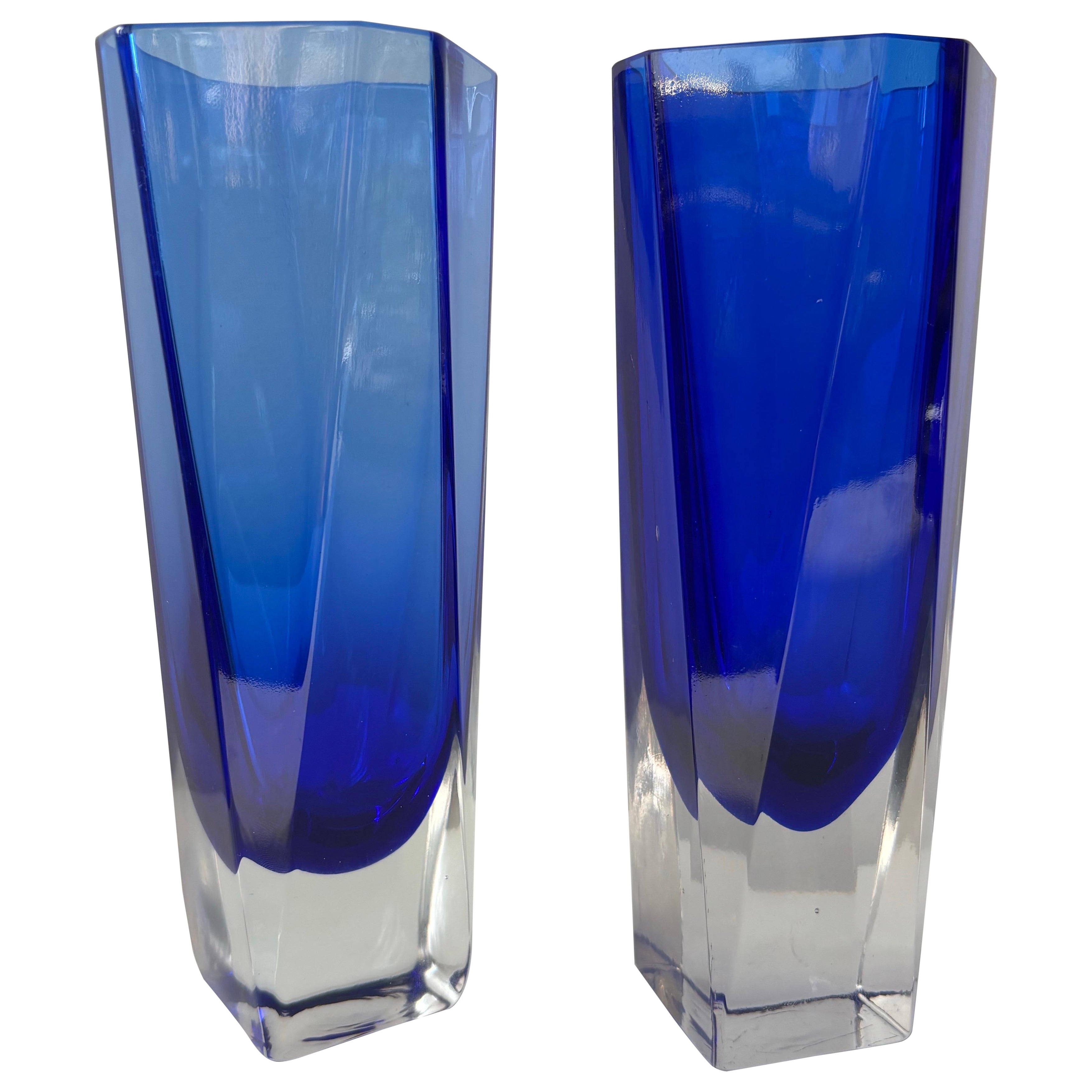 Pair of Gunnar Ander “Hexagon” Cobalt Blue Glass Vases, Lindshammar 1960s For Sale