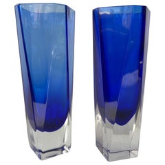 Pair of Gunnar Ander “Hexagon” Cobalt Blue Glass Vases, Lindshammar 1960s
