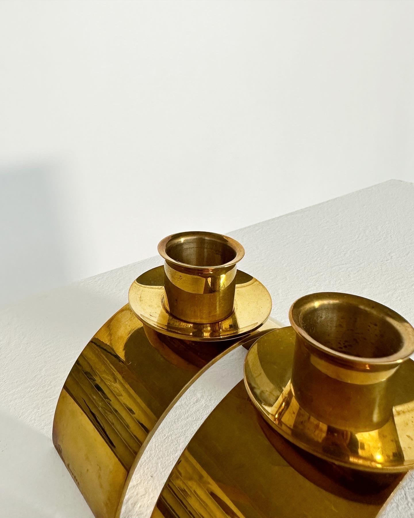 Late 20th Century Pair of Gunnar Nylund Candle Holders Skultuna Brass Sweden, 1994 For Sale