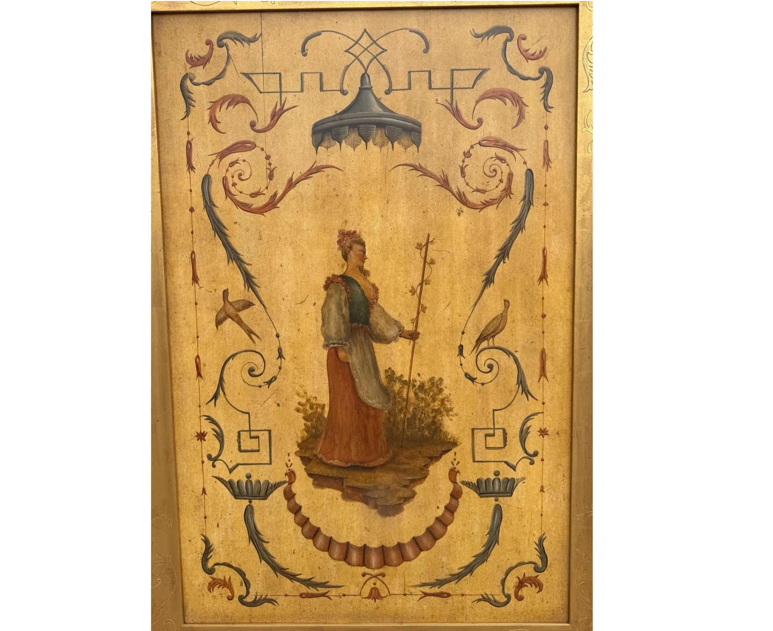 Americano Coppia di pannelli Chinoiserie dipinti a mano da Gustav Carroll con cornici in legno dorato in vendita