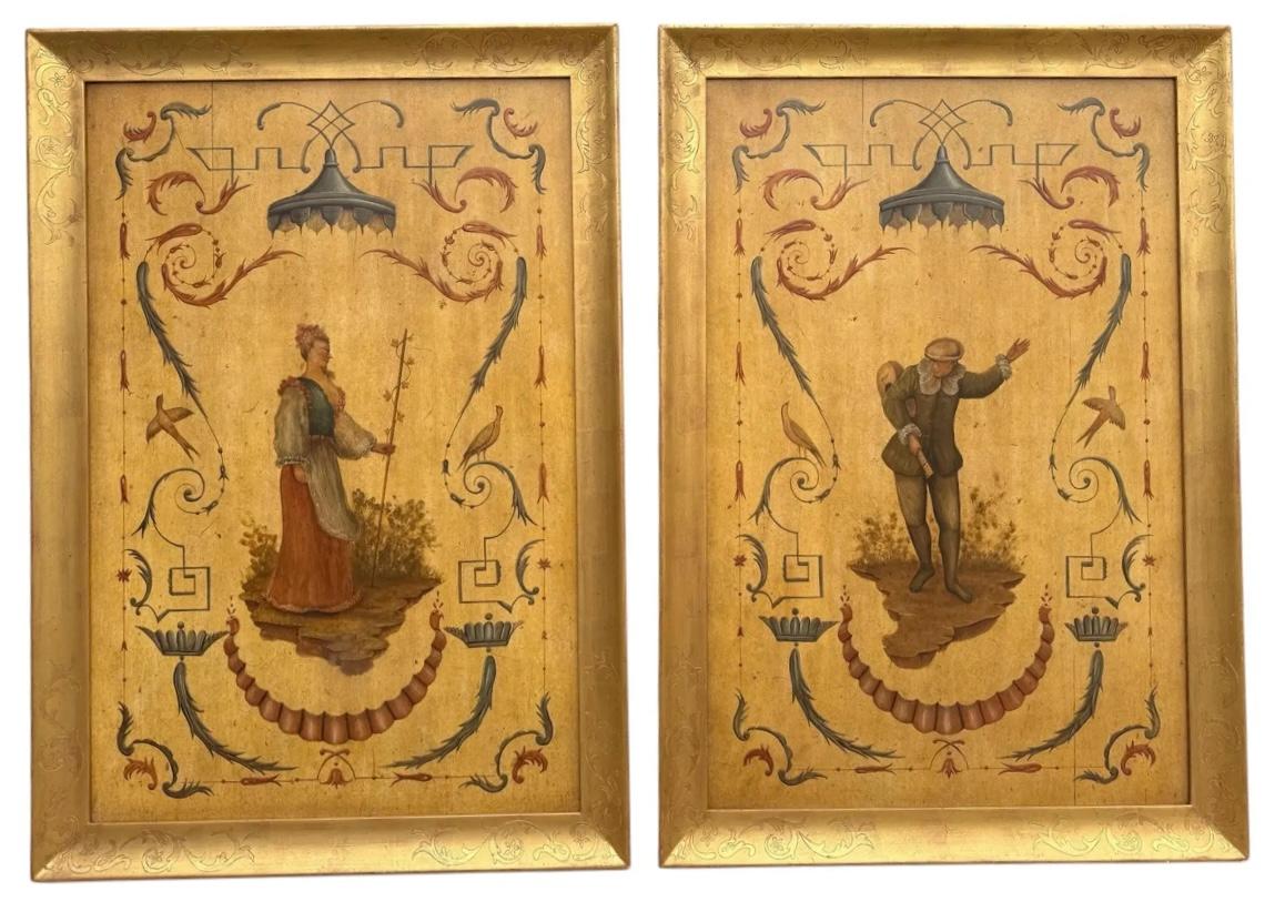 Coppia di pannelli Chinoiserie dipinti a mano da Gustav Carroll con cornici in legno dorato In condizioni buone in vendita a LOS ANGELES, CA