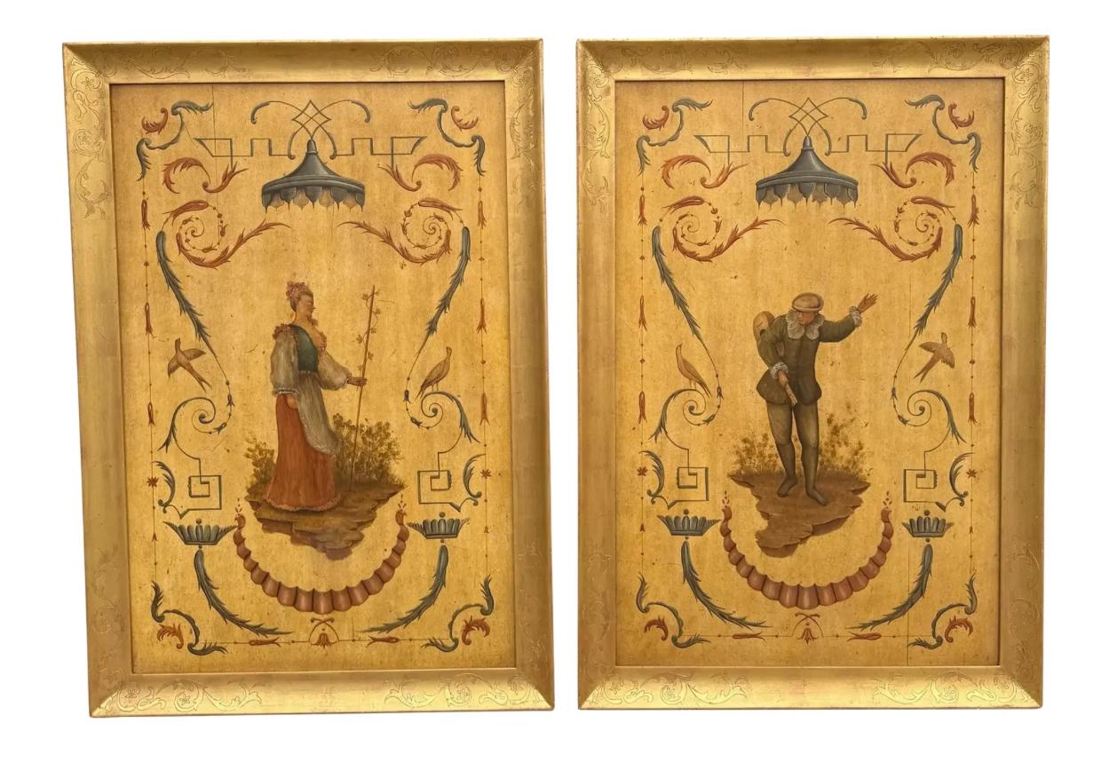 XXI secolo e contemporaneo Coppia di pannelli Chinoiserie dipinti a mano da Gustav Carroll con cornici in legno dorato in vendita