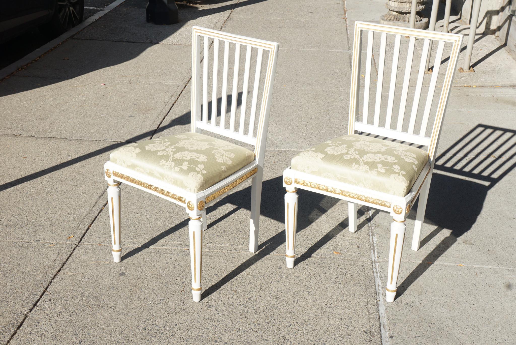 This pair of nice old side chairs are of the period called Gustavian. This correlates to that time in Sweden between 1772 and 1809. These chairs were made circa 1790 and are typical of the furniture production found throughout Sweden and Finland at