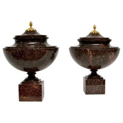 Pair of Gustavian "Blyberg" Porphyry Urns with Ormolu-Mounted Porphyry Lids