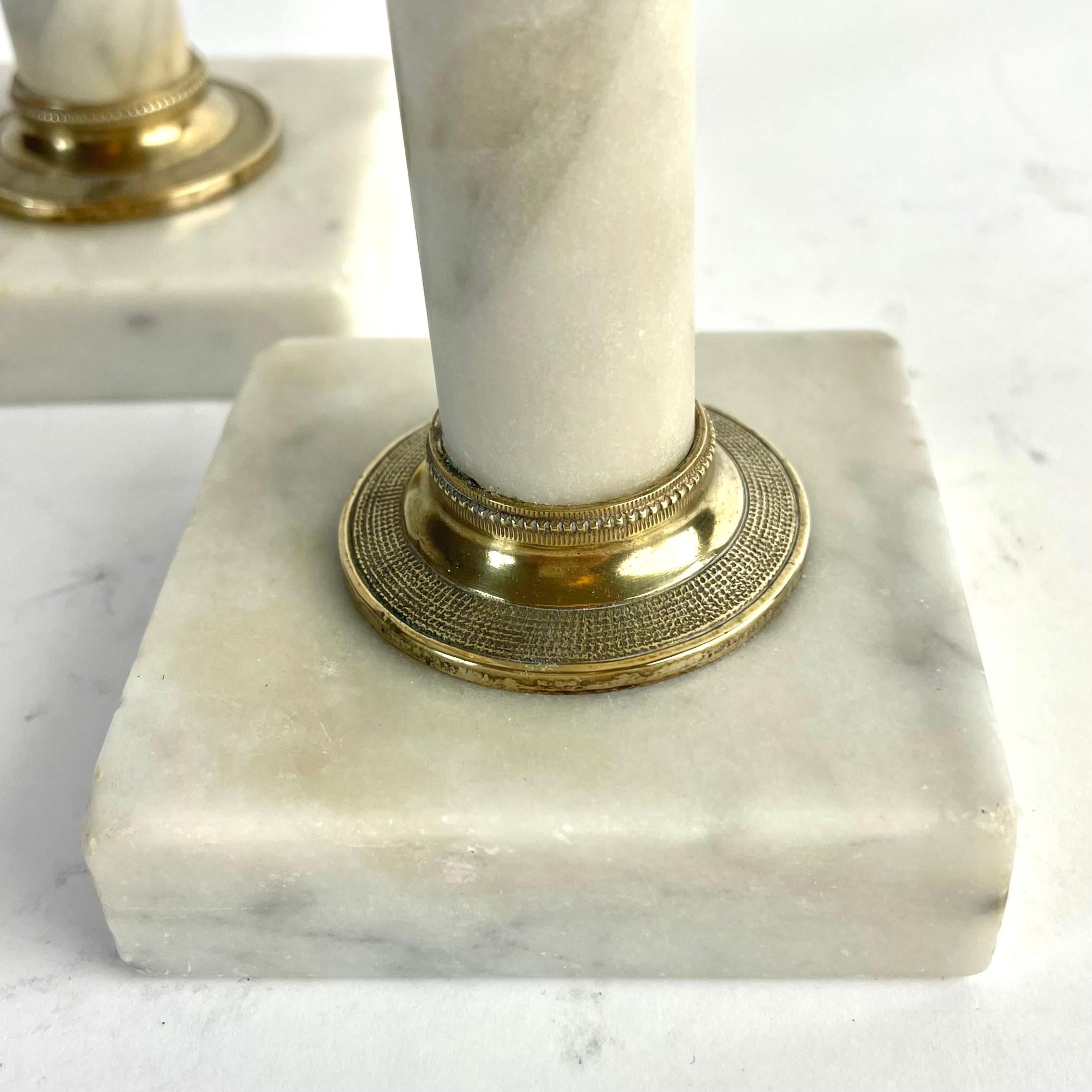 Pair of Gustavian Candlesticks in Carrara Marble and Brass, Late 18th Century For Sale 1