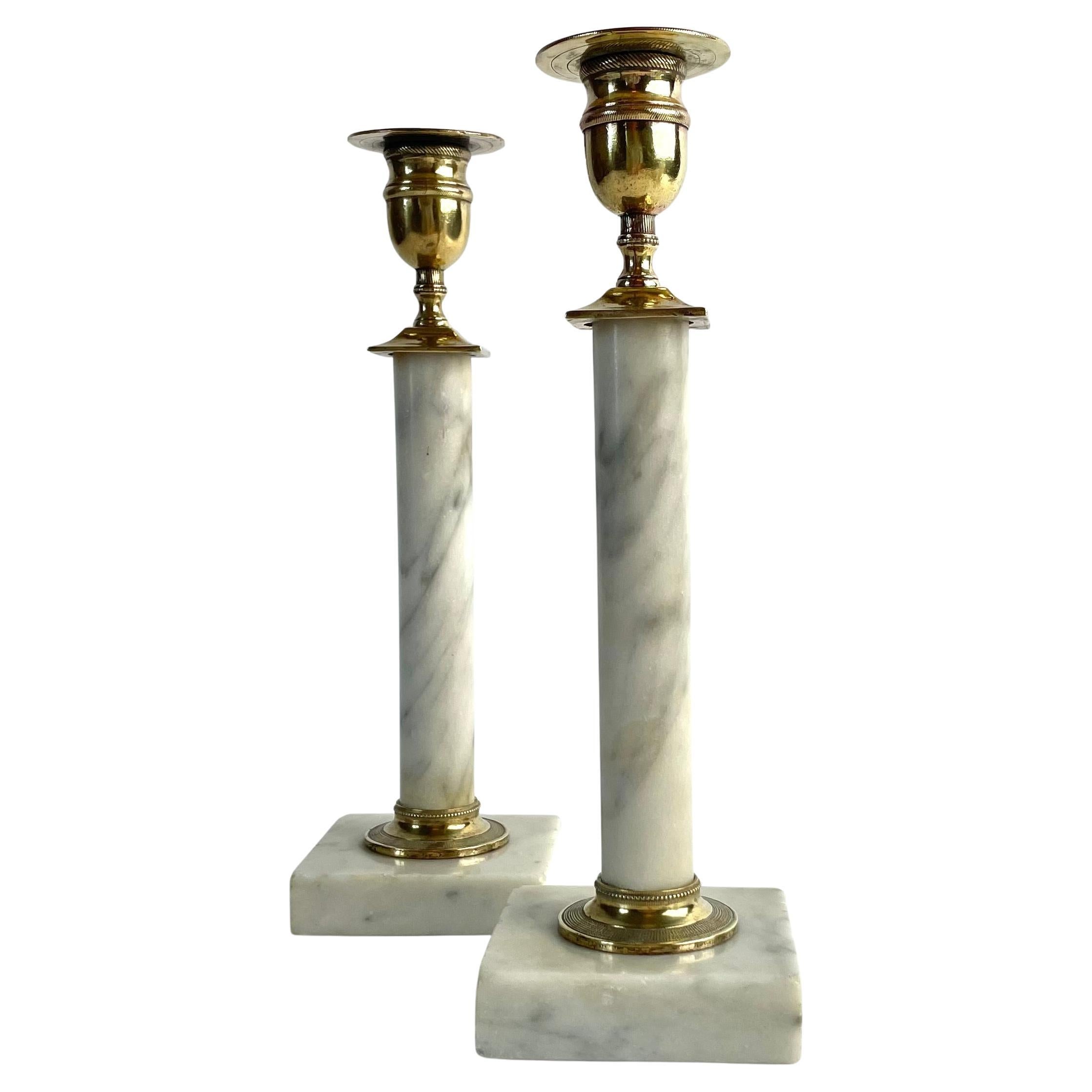 Pair of Gustavian Candlesticks in Carrara Marble and Brass, Late 18th Century For Sale
