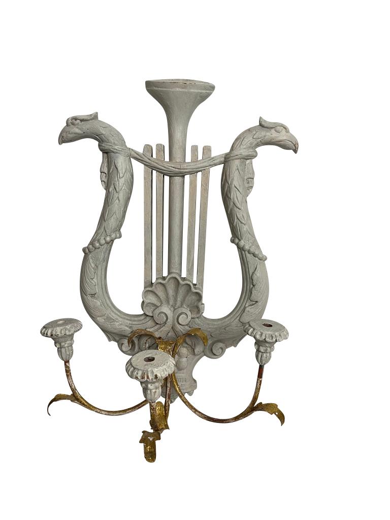 Hand-Carved Pair of Gustavian Carved White Lyre Shaped Swedish Sconces 