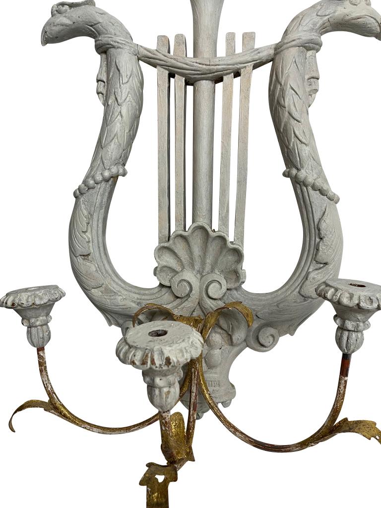 Pair of Gustavian Carved White Lyre Shaped Swedish Sconces  In Good Condition In Essex, MA