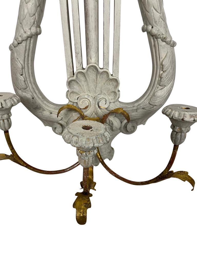 20th Century Pair of Gustavian Carved White Lyre Shaped Swedish Sconces 