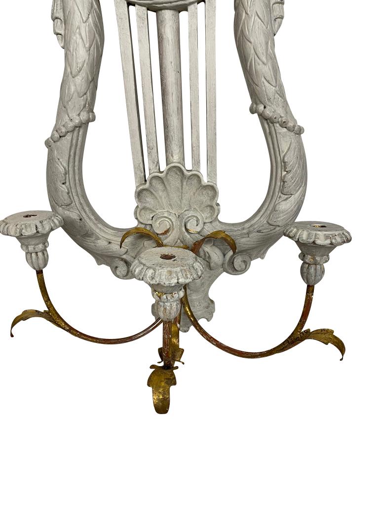 Pair of Gustavian Carved White Lyre Shaped Swedish Sconces  3