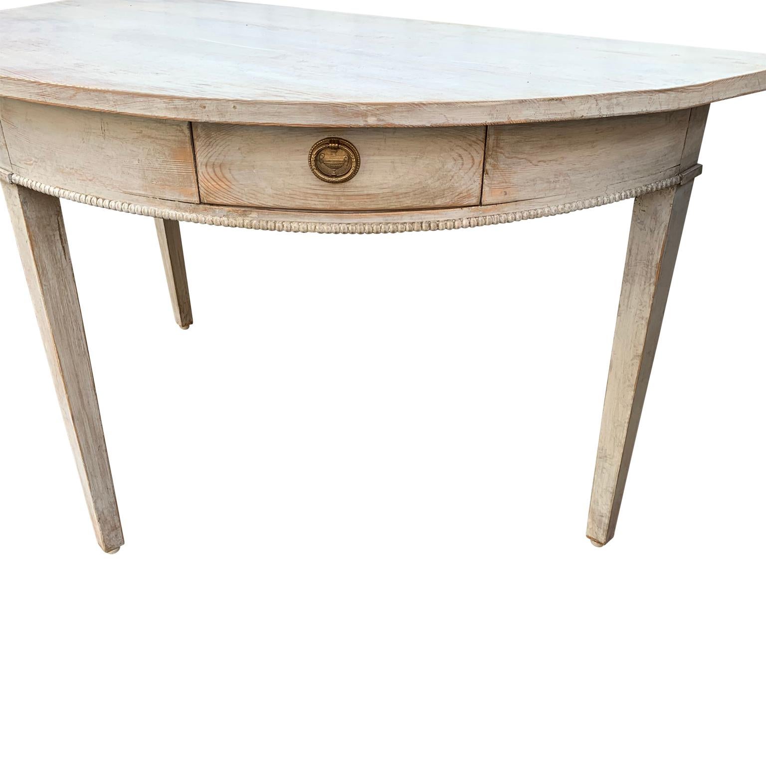 Hand-Painted Pair Of 19th Century Gustavian Demilune Console Tables With Two Drawers