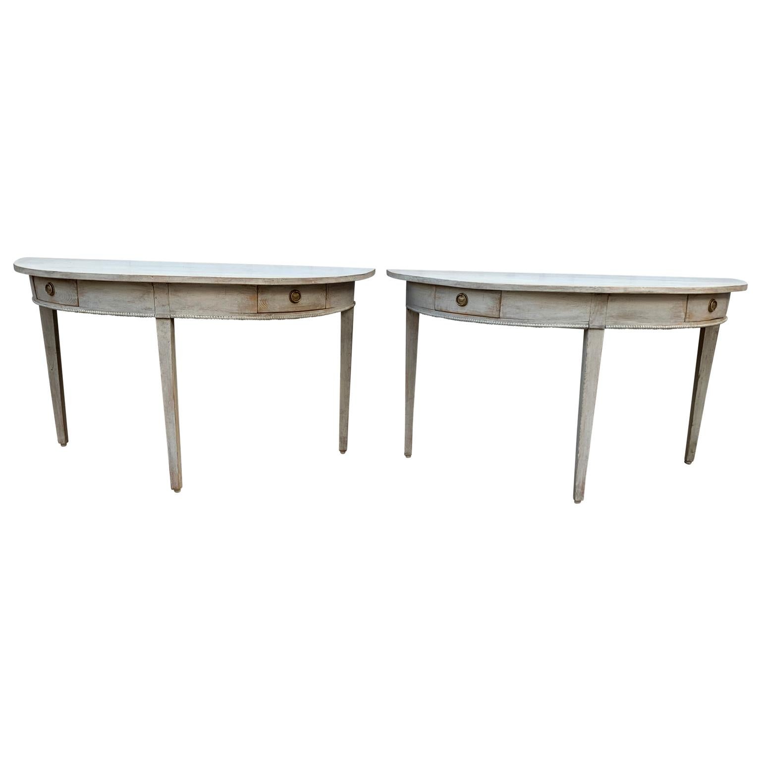Pair Of 19th Century Gustavian Demilune Console Tables With Two Drawers In Good Condition In Haddonfield, NJ