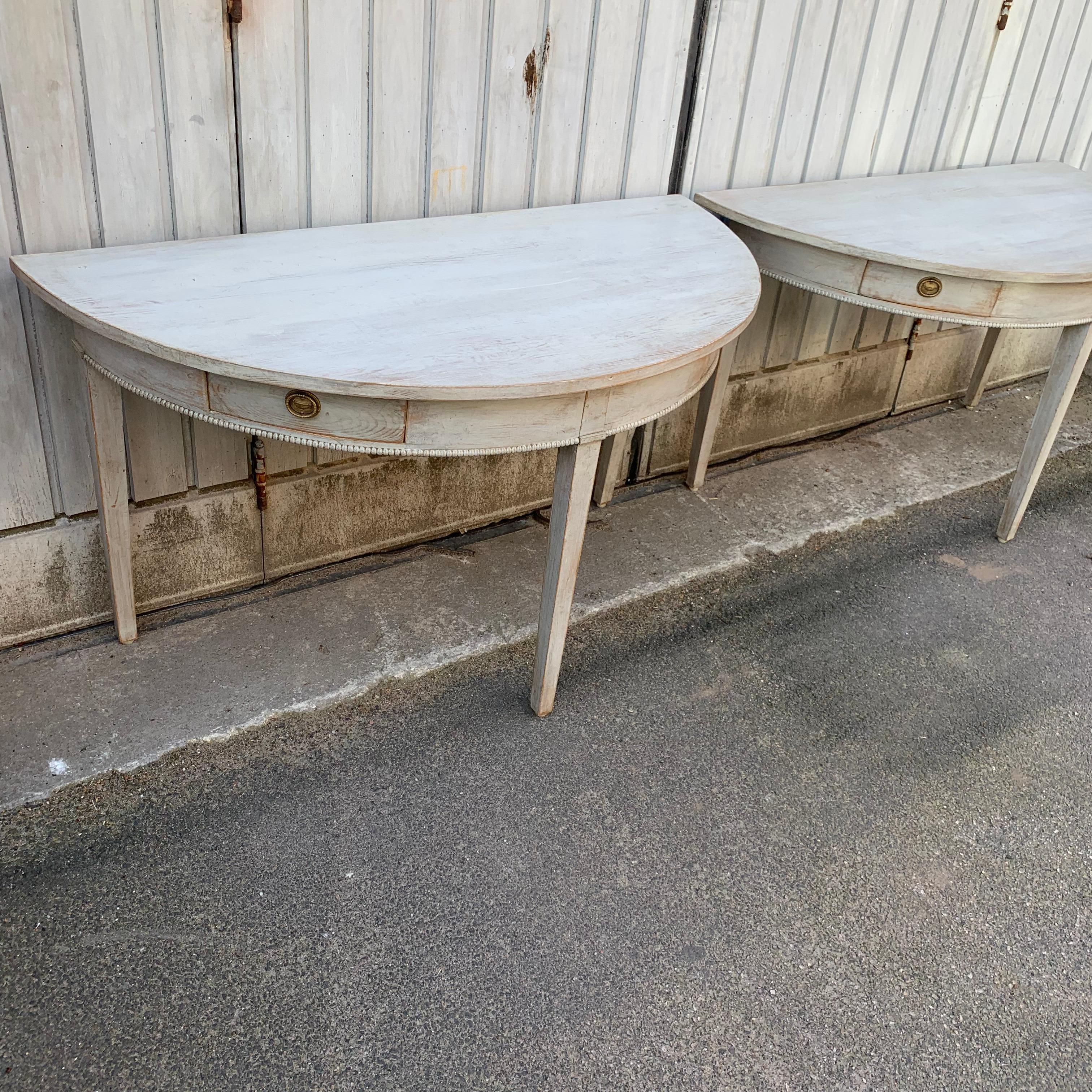 Pair Of 19th Century Gustavian Demilune Console Tables With Two Drawers 1